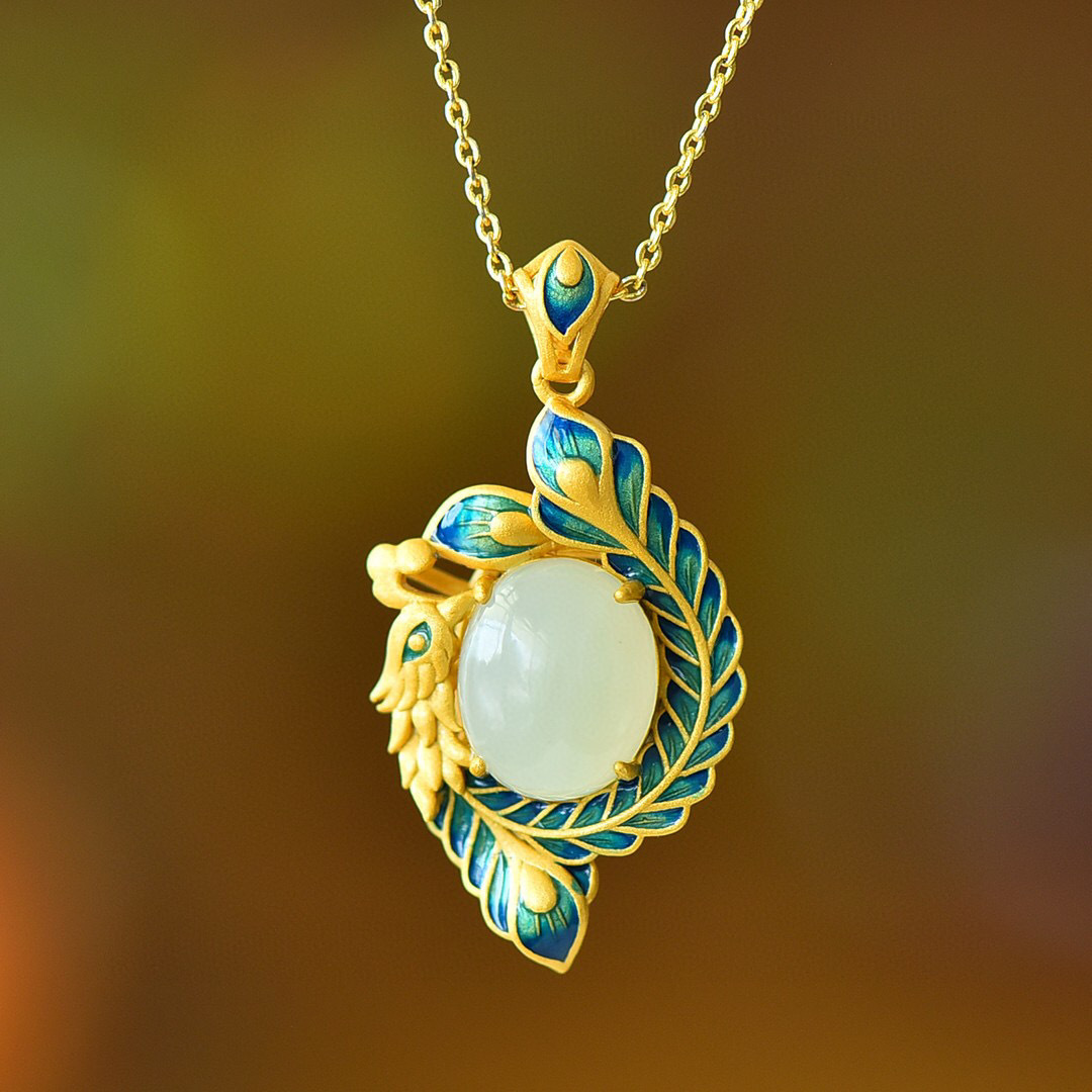 S925 silver white jade oval egg-shaped antique enamel phoenix necklace, earrings and ring - Mocoer