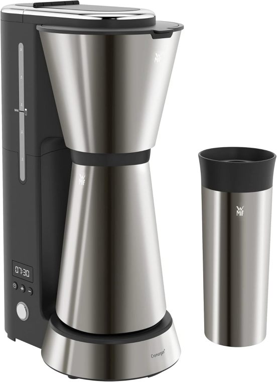 WMF Küchenminis Aroma Filterkaffeemaschine klein mit Thermoskanne, 870 Watt, Thermobecher to go, kleine single Kaffeemaschine mit Timer, cromargan matt