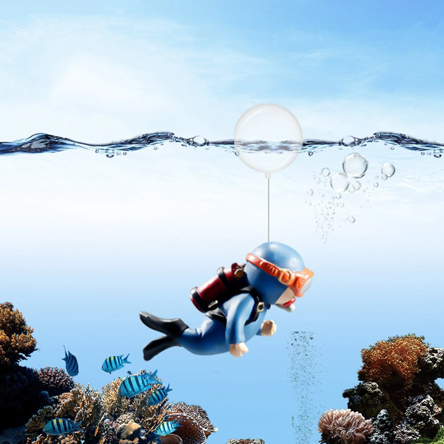 Blue Diver Aquarium Decoration – Floating PVC Ornament with Camera, Adorable Cartoon Character for a Whimsical Fish Tank Touch