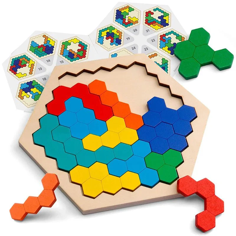 Hexagonal Wooden Puzzles – 3D Puzzles Fun Educational Brain Game for Kids, Perfect Montessori-Inspired Gift for Preschool Learning and IQ Development