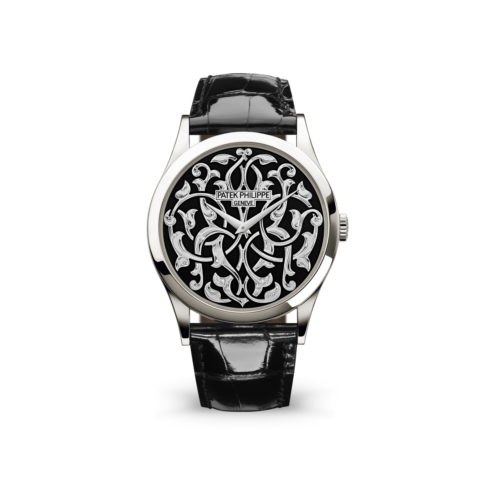 Patek Philippe Calatrava Engraved Black Dial Platinum 5088/100P-001 - DiscoversMarket