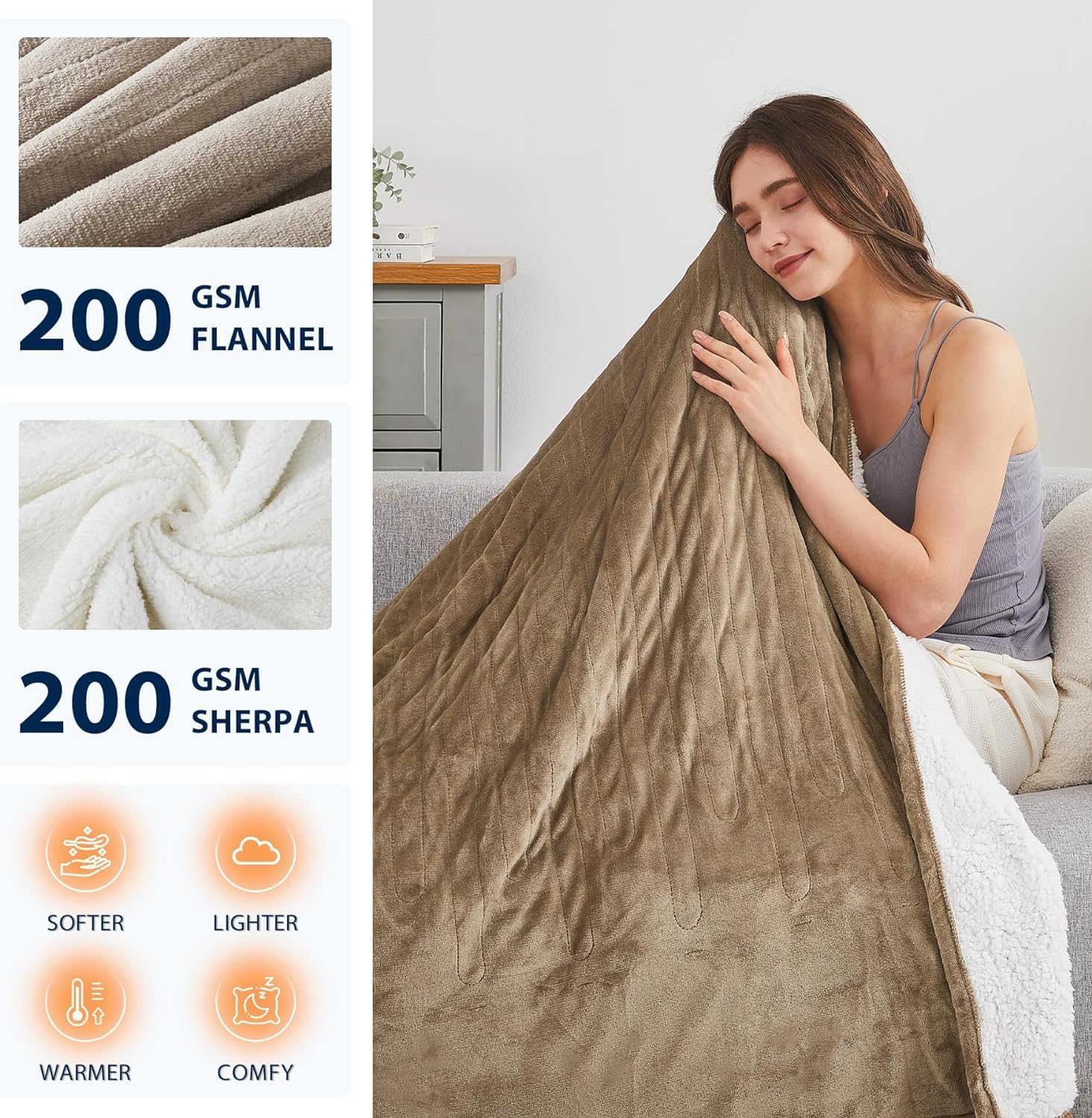Homemate Heated Blanket Electric Throw - 50x60 Heating Blanket Throw 1/2/4/6/8 Hours Auto-off 10 Heat Level Heat Blanket Over-heat Protection Flannel Sherpa Heater Blanket Electric ETL Certification