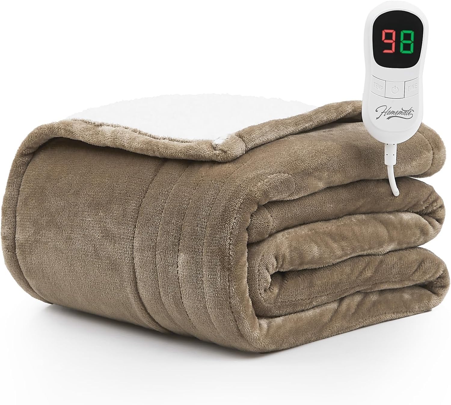 Homemate Heated Blanket Electric Throw - 50x60 Heating Blanket Throw 1/2/4/6/8 Hours Auto-off 10 Heat Level Heat Blanket Over-heat Protection Flannel Sherpa Heater Blanket Electric ETL Certification