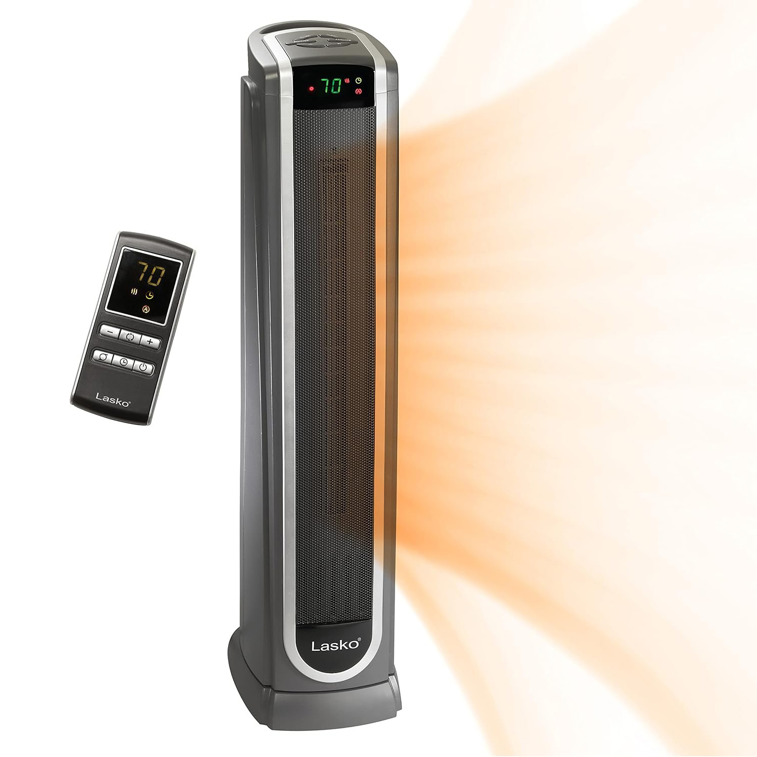 Lasko Oscillating Digital Ceramic Tower Heater for Large Rooms, with Adjustable Thermostat, Timer and Remote Control, 29 Inches, 1500W, Black, 5586