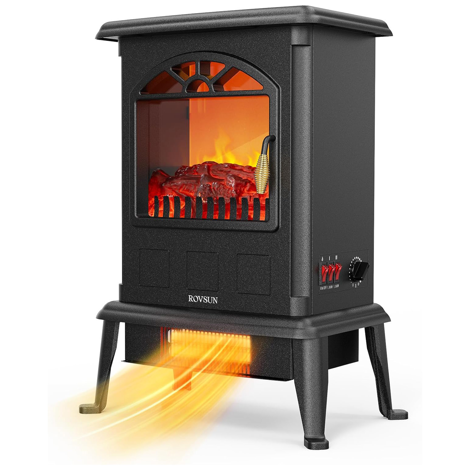 ROVSUN 1500W Electric Fireplace Stove, 22.4 H Freestanding Heater with Remote, Timer, Realistic Flame Effect, Adjustable Temperature, Overheat & Tip-Over Protections for Bedroom Living Room, ETL
