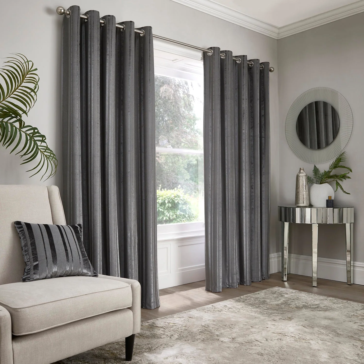 Conrad Slate Velvet Stripe Eyelet Curtains