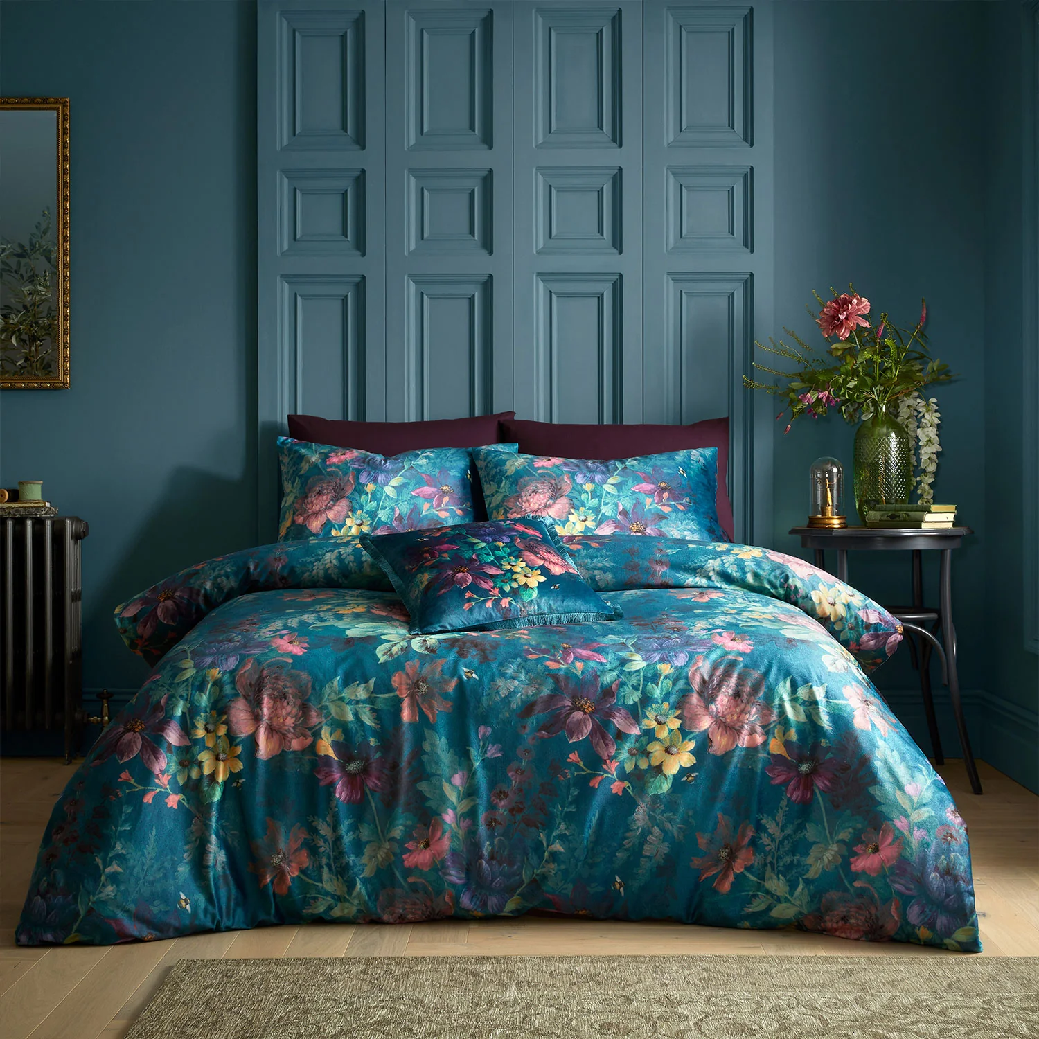 Bridgerton by Catherine Lansfield Romantic Teal Floral Velvet Duvet Set