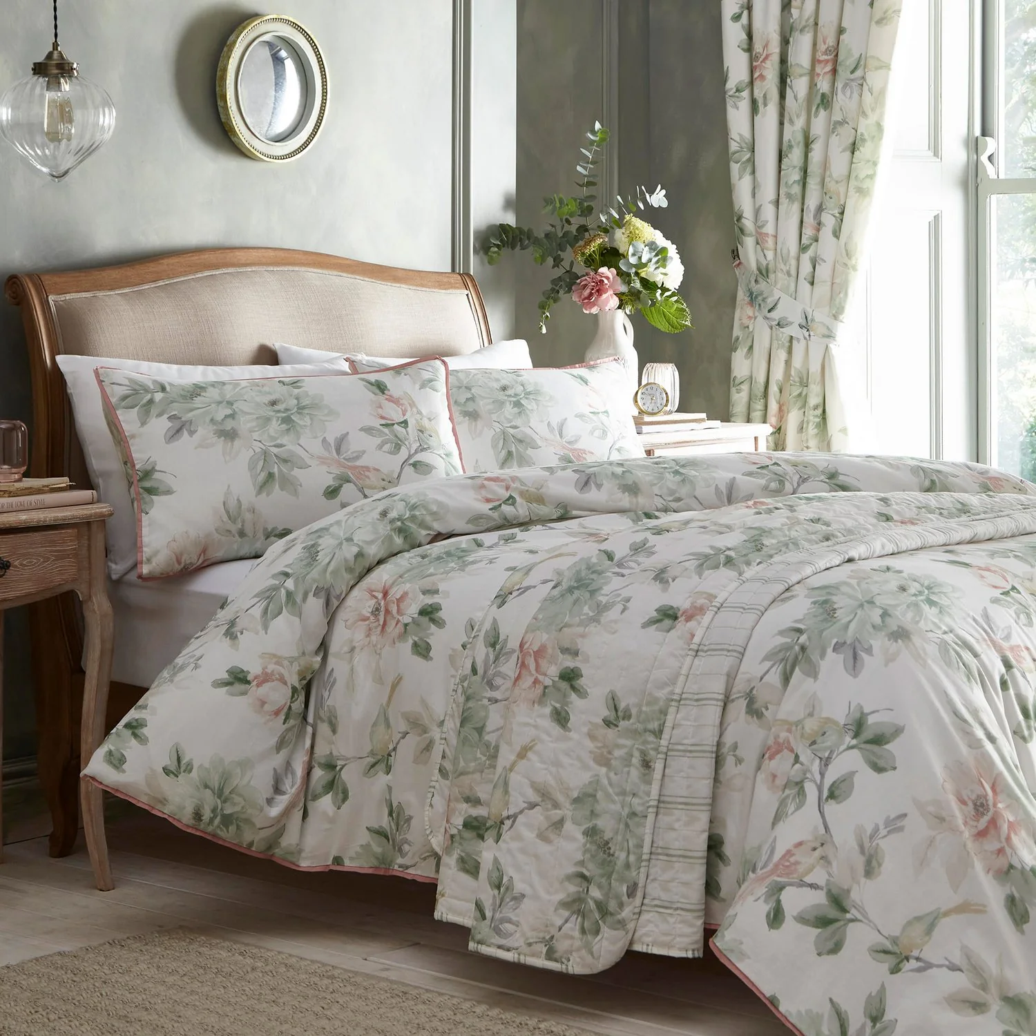 Campion Green Floral 100% Cotton Bedspread