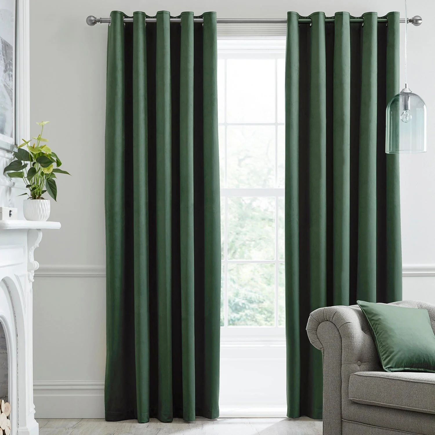 Montrose Bottle Green Velvet Blackout Thermal Coated Eyelet Curtains