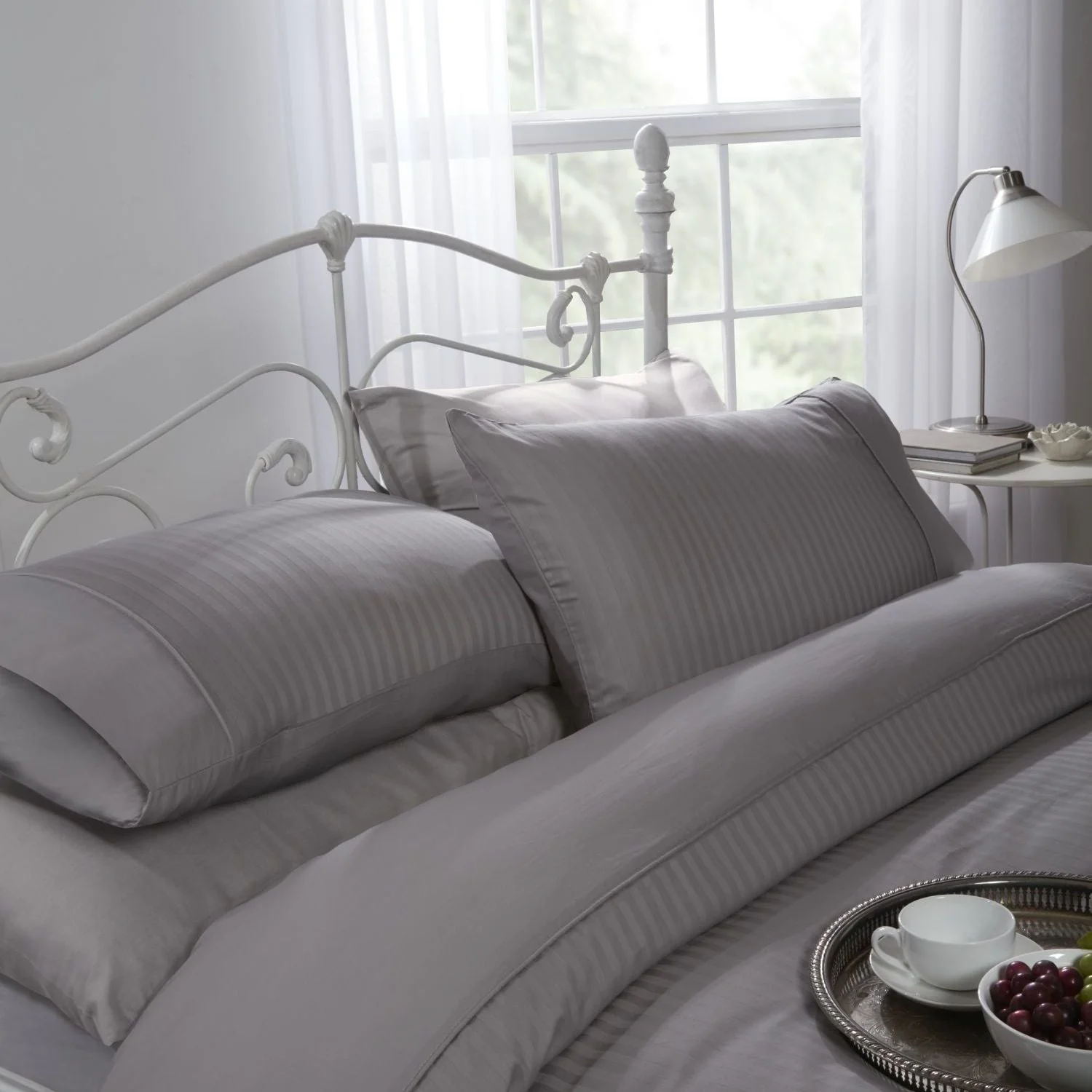 Silver Ritz 300 Thread Count 100% Cotton Satin Stripe Duvet Set