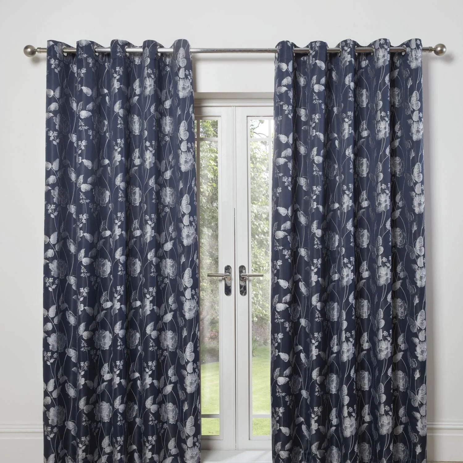 Butterfly Meadow Navy Blue Lined Eyelet Jacquard Curtains