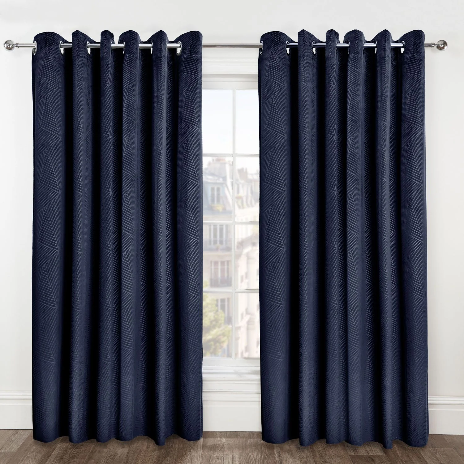 Midnight Navy Blue Embossed Velvet Thermal Blackout Eyelet Curtains