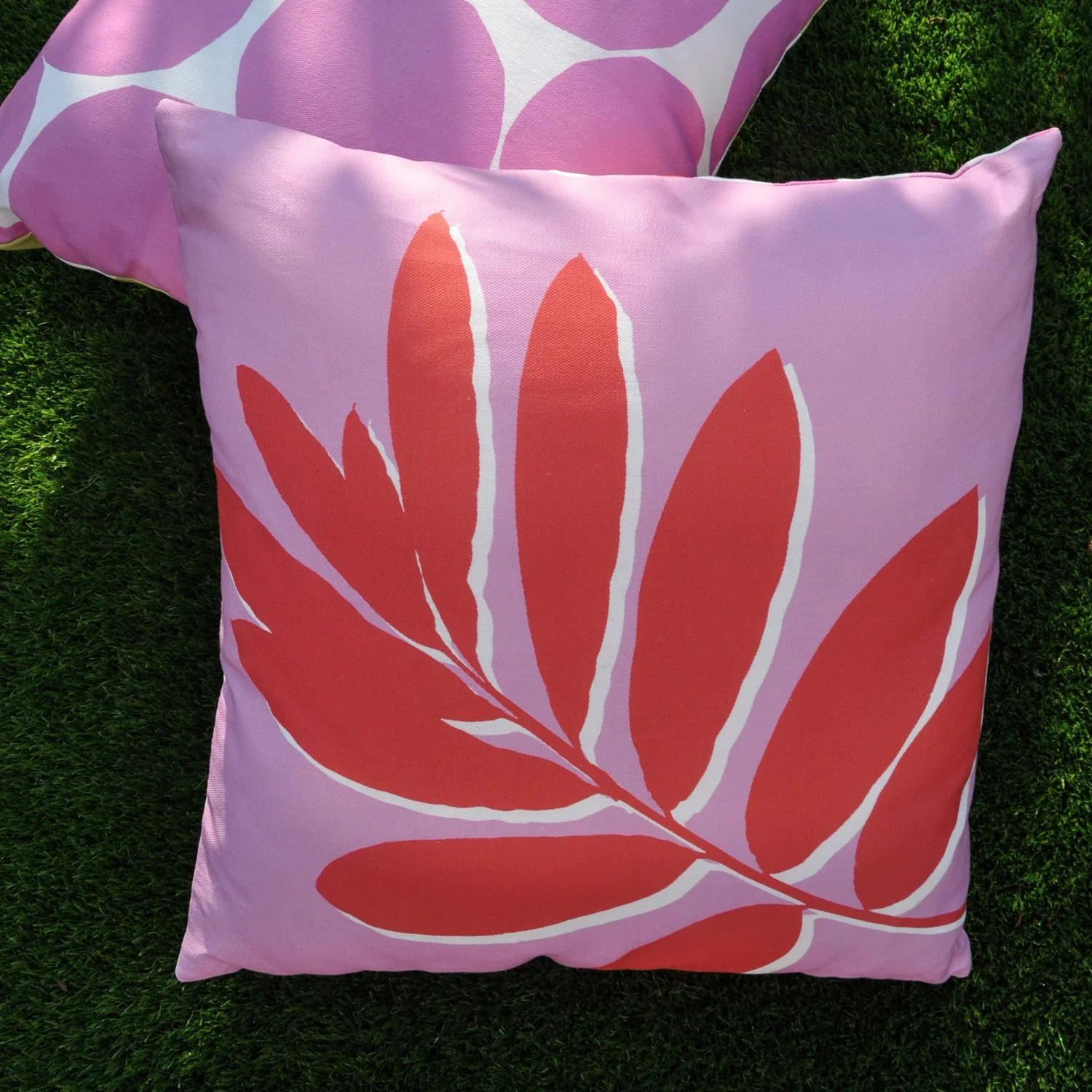 Leaf Print Pink Outdoor Cushion (43cm x 43cm)