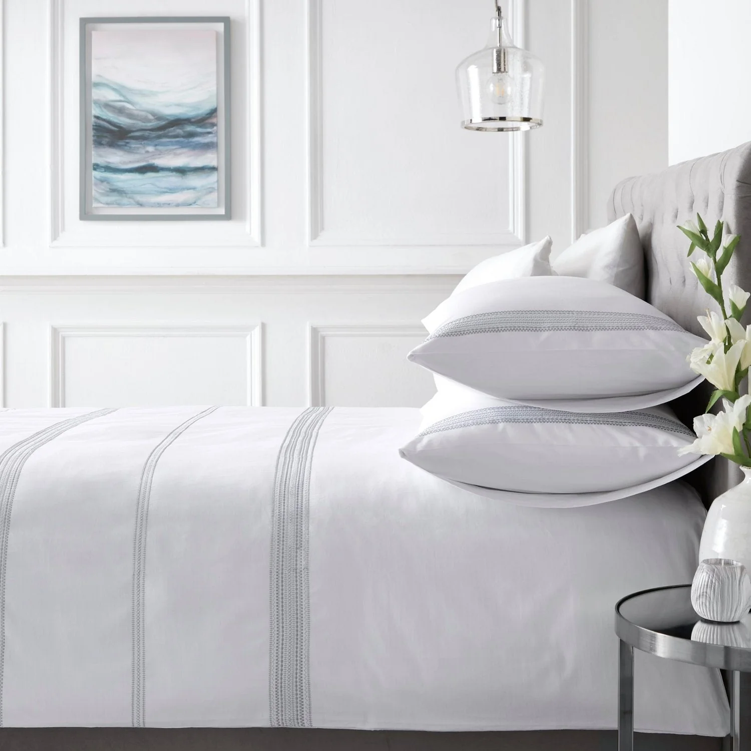 Embroidered Band White 200 Thread Count 100% Cotton Duvet Set