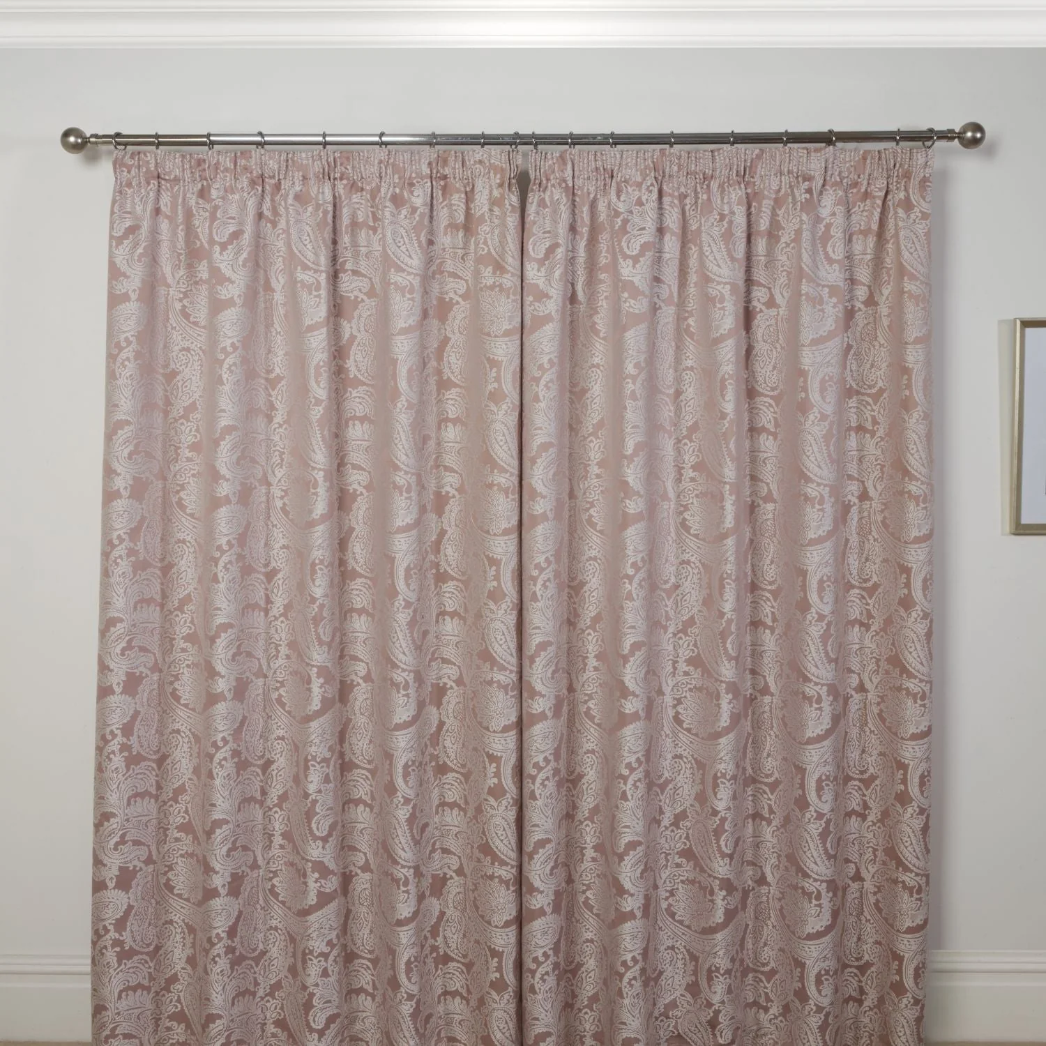 Duchess Blush Pink Lined Pencil Pleat Jacquard Velvet Curtains