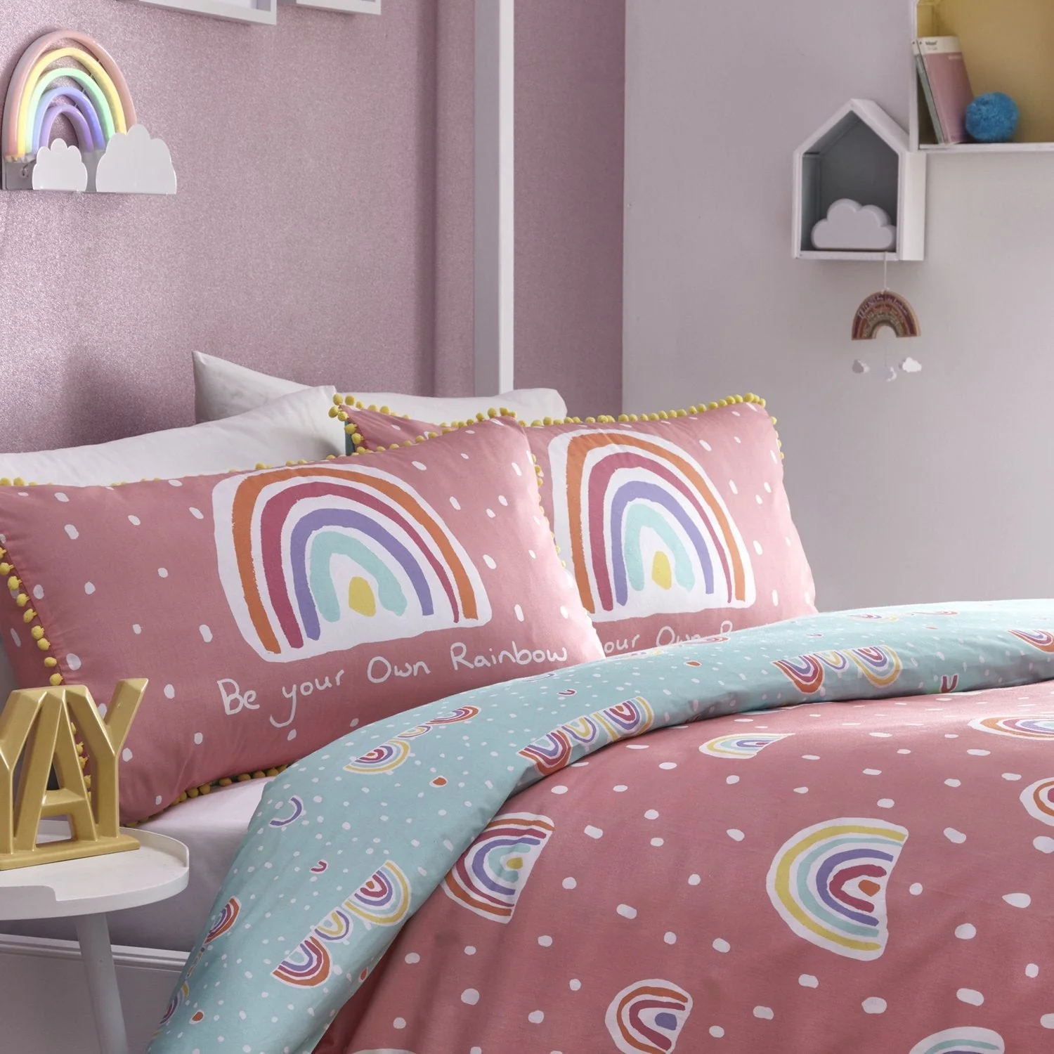 Rainbow Pom Pom Trim Reversible Cotton Kids Duvet Set