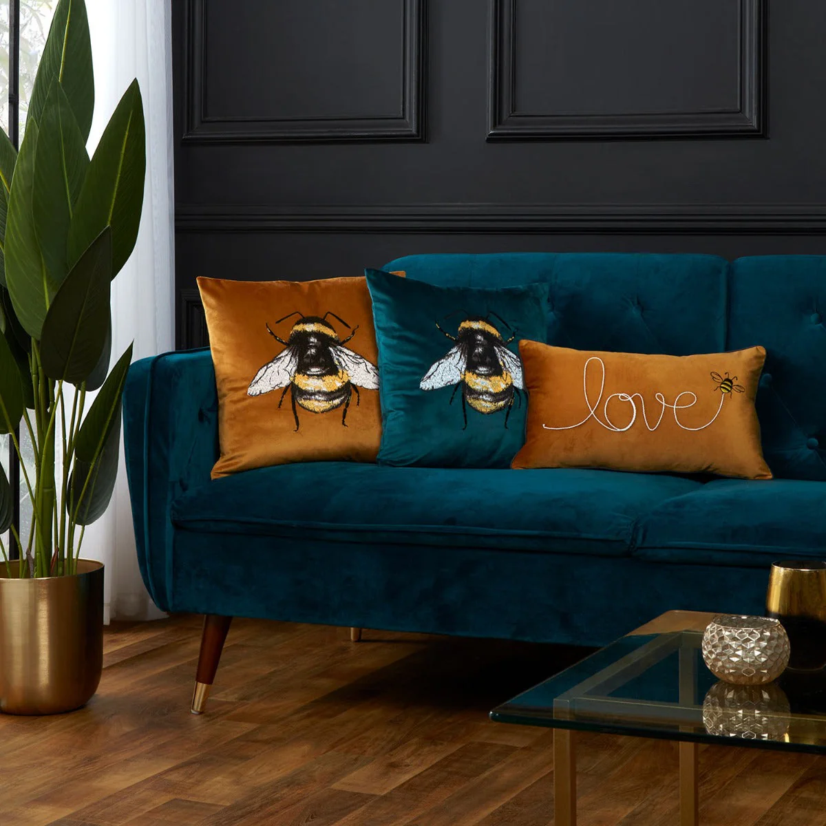 Ochre Velvet Love Slogan Embroidered Bee Cushion (30cm x 50cm)