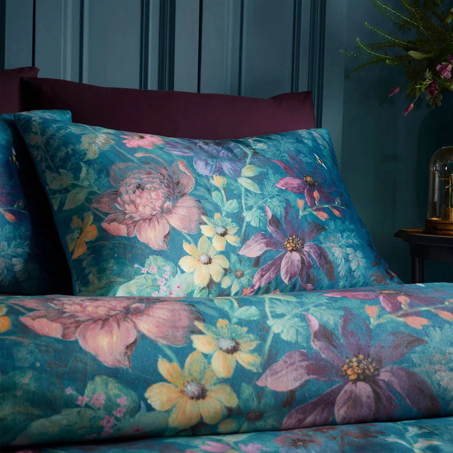 Bridgerton by Catherine Lansfield Romantic Teal Floral Velvet Duvet Set
