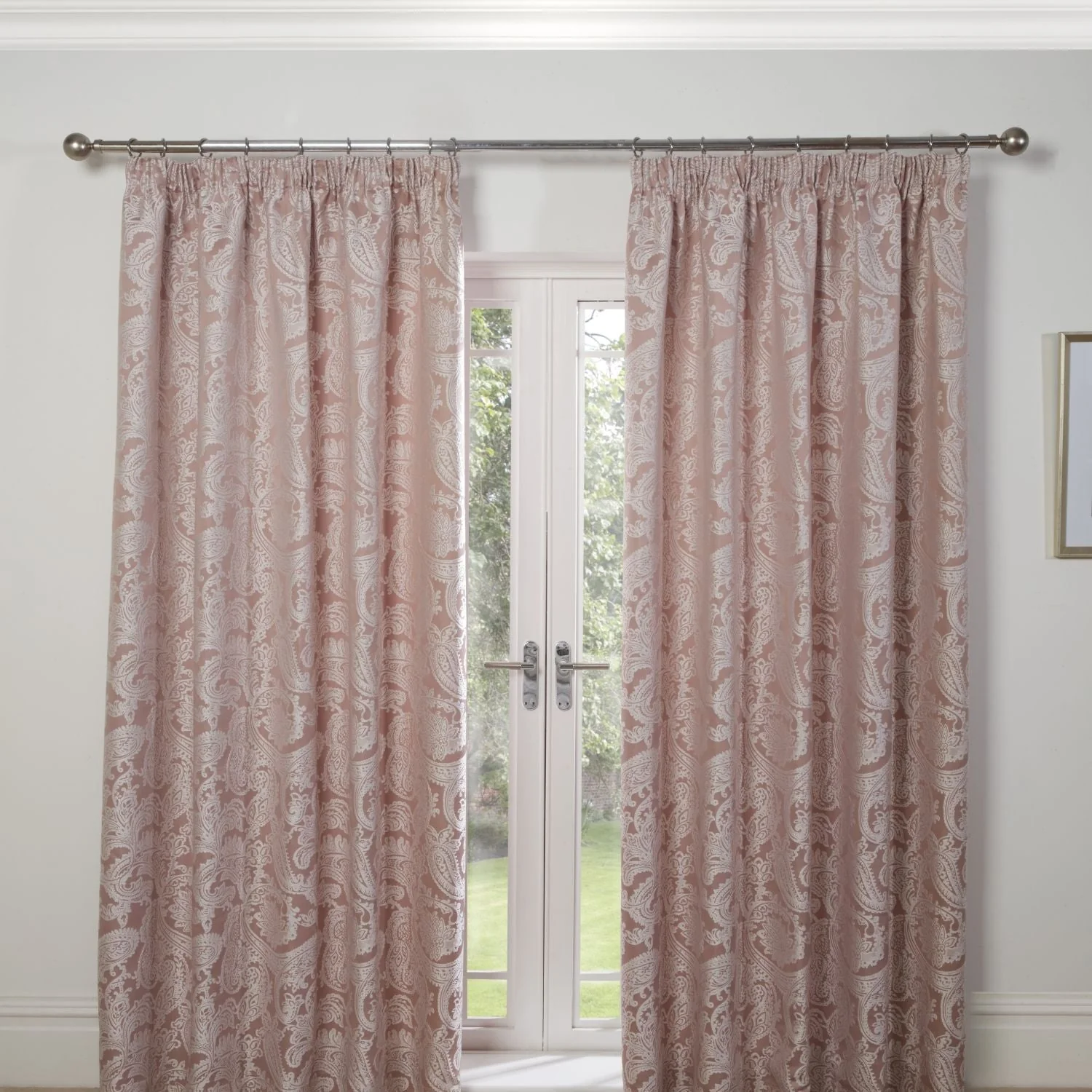 Duchess Blush Pink Lined Pencil Pleat Jacquard Velvet Curtains