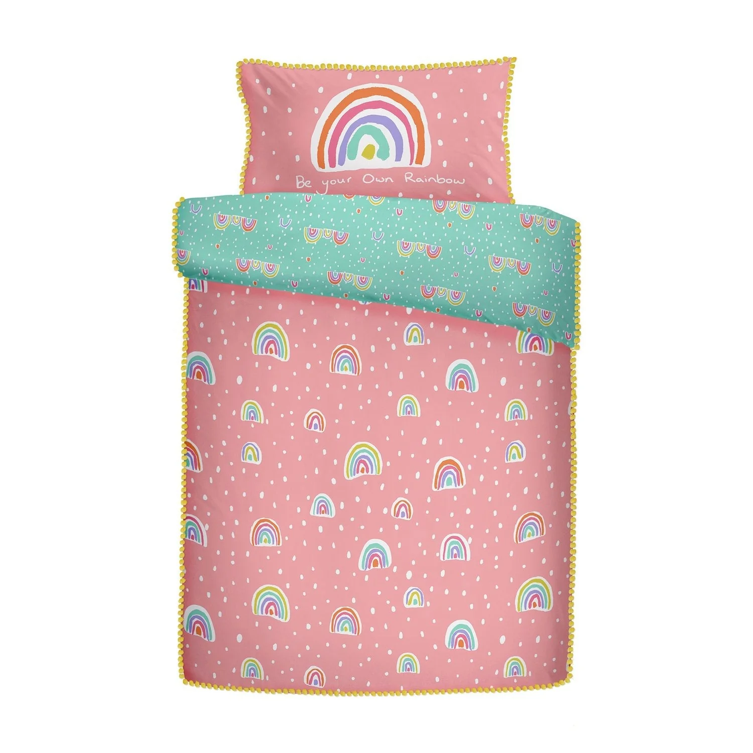 Rainbow Pom Pom Trim Reversible Cotton Kids Duvet Set