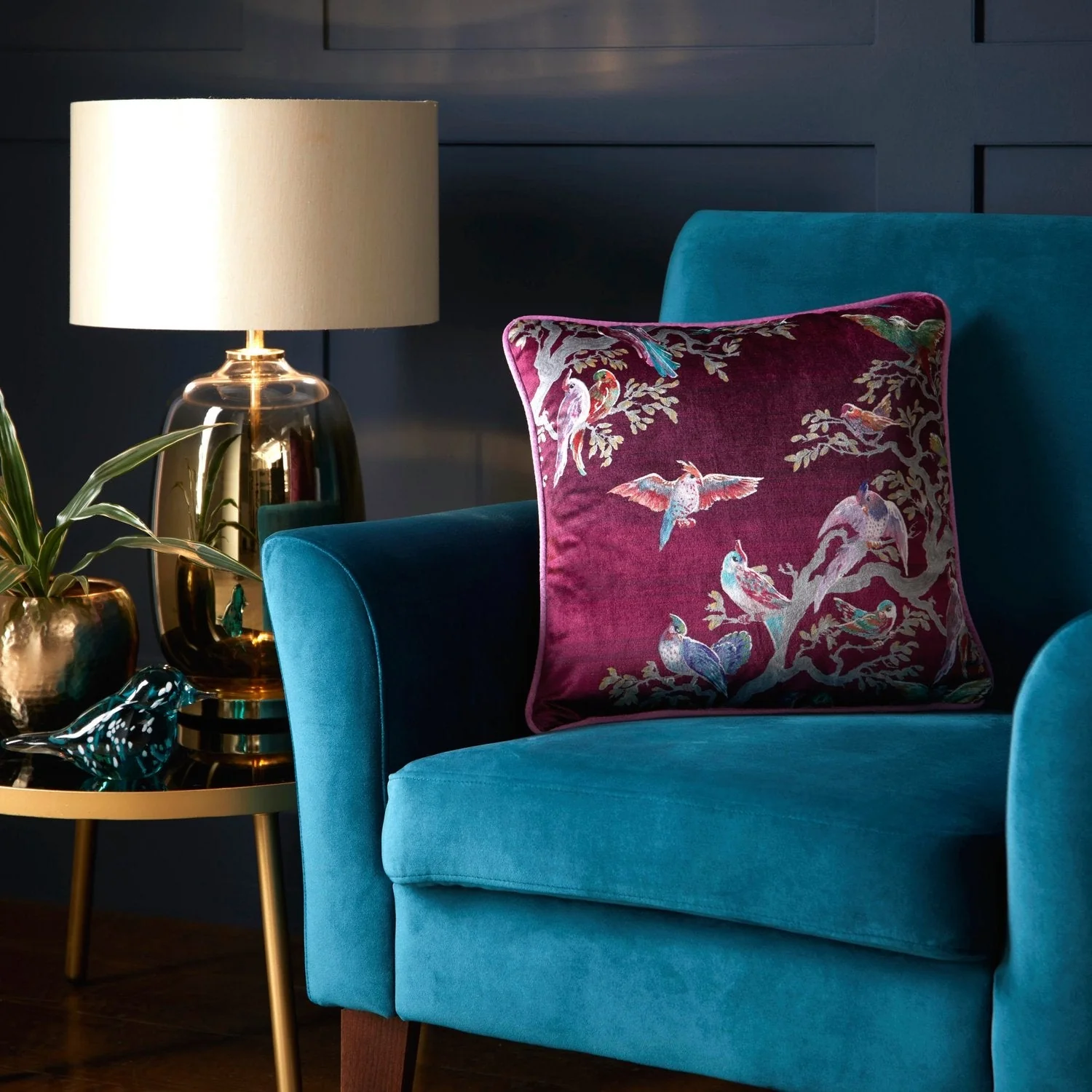 Laurence Llewelyn-Bowen Birdity Absurdity Pink Velvet Cushion (43cm x 43cm)