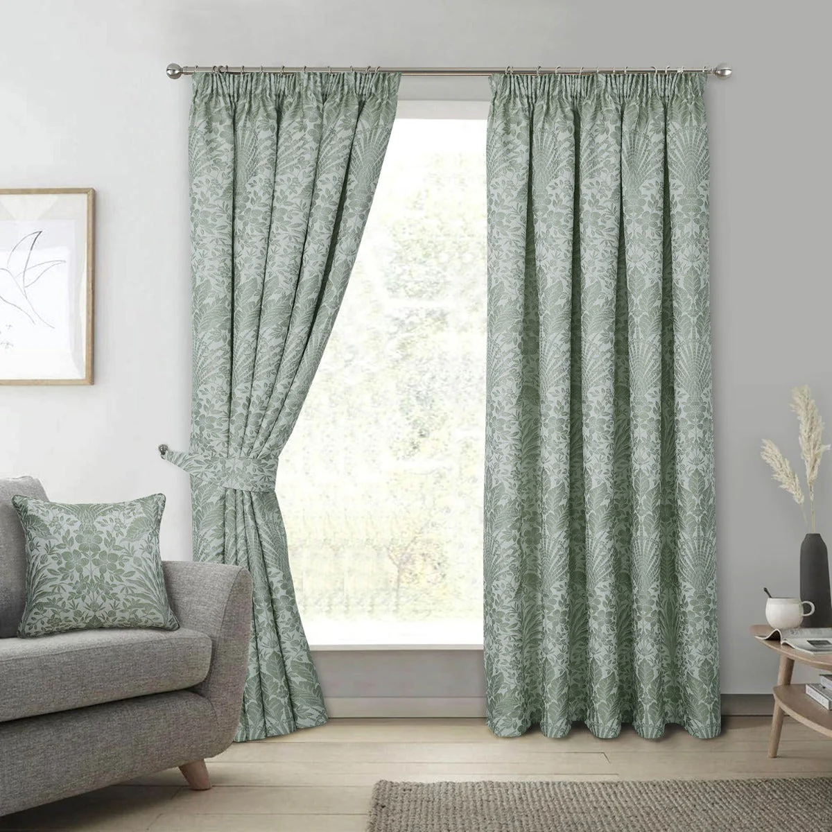 Keswick Sage Jacquard Pencil Pleat Curtains