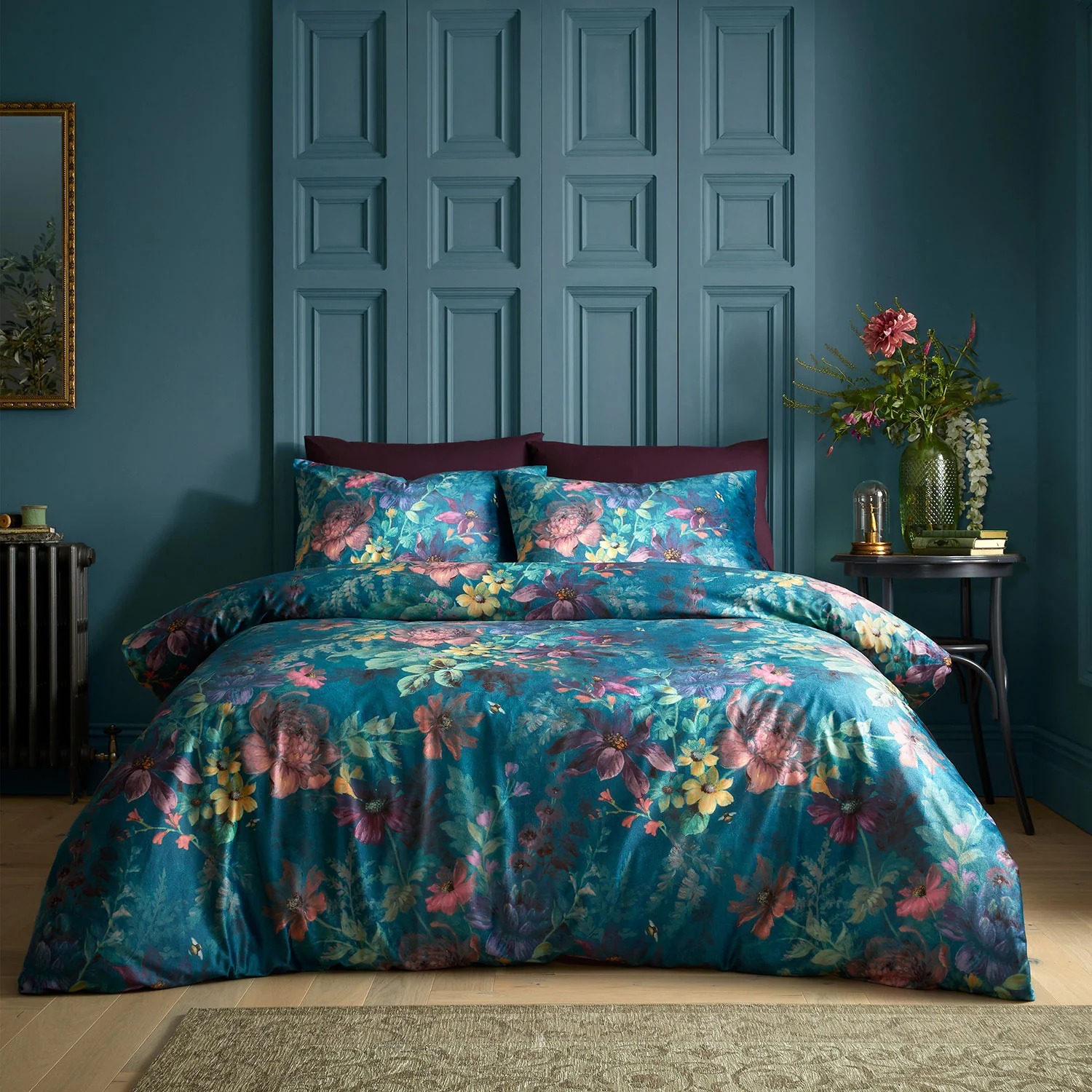 Bridgerton by Catherine Lansfield Romantic Teal Floral Velvet Duvet Set