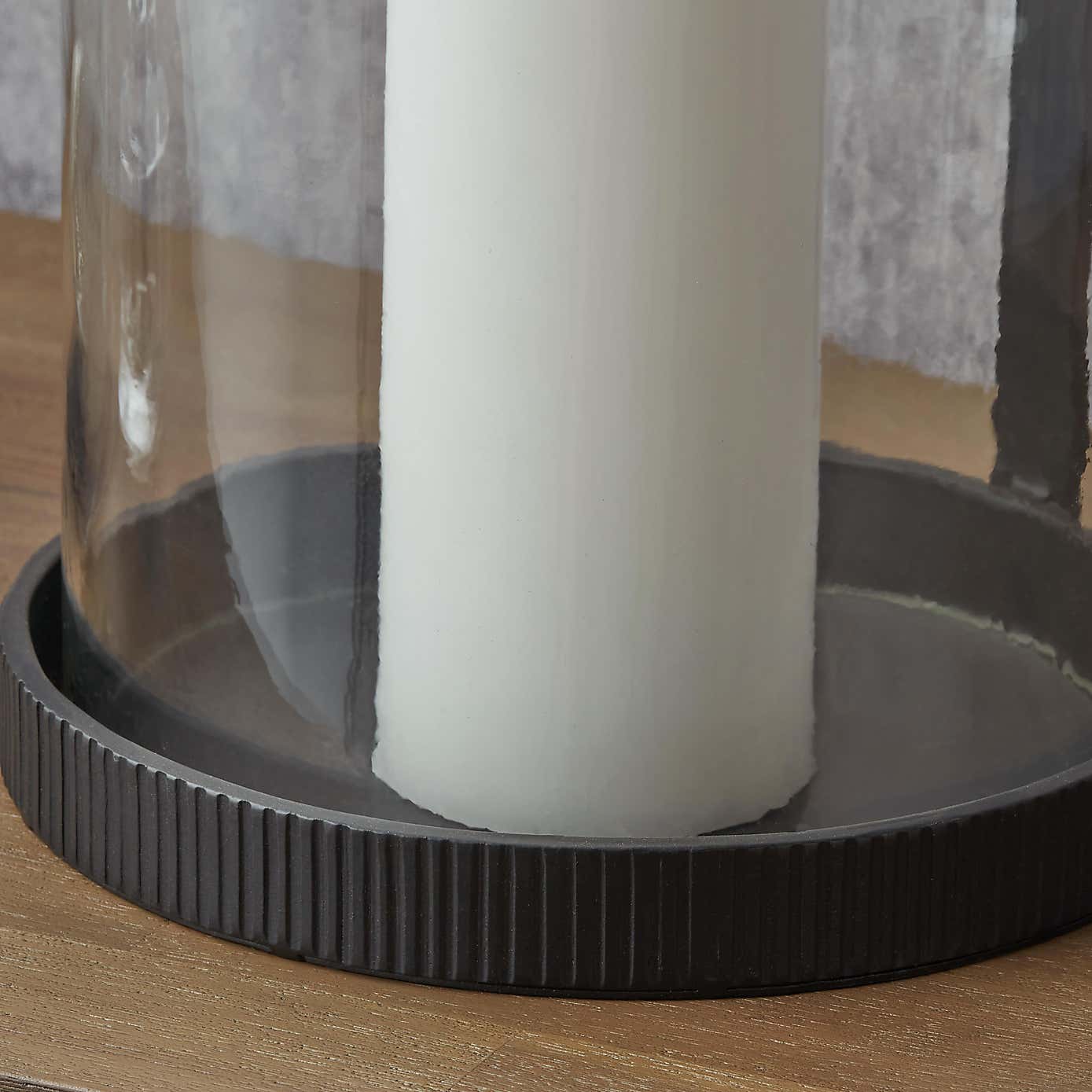 Black Ribbed Metal Glass Cylinder Hurricane Candle Holder