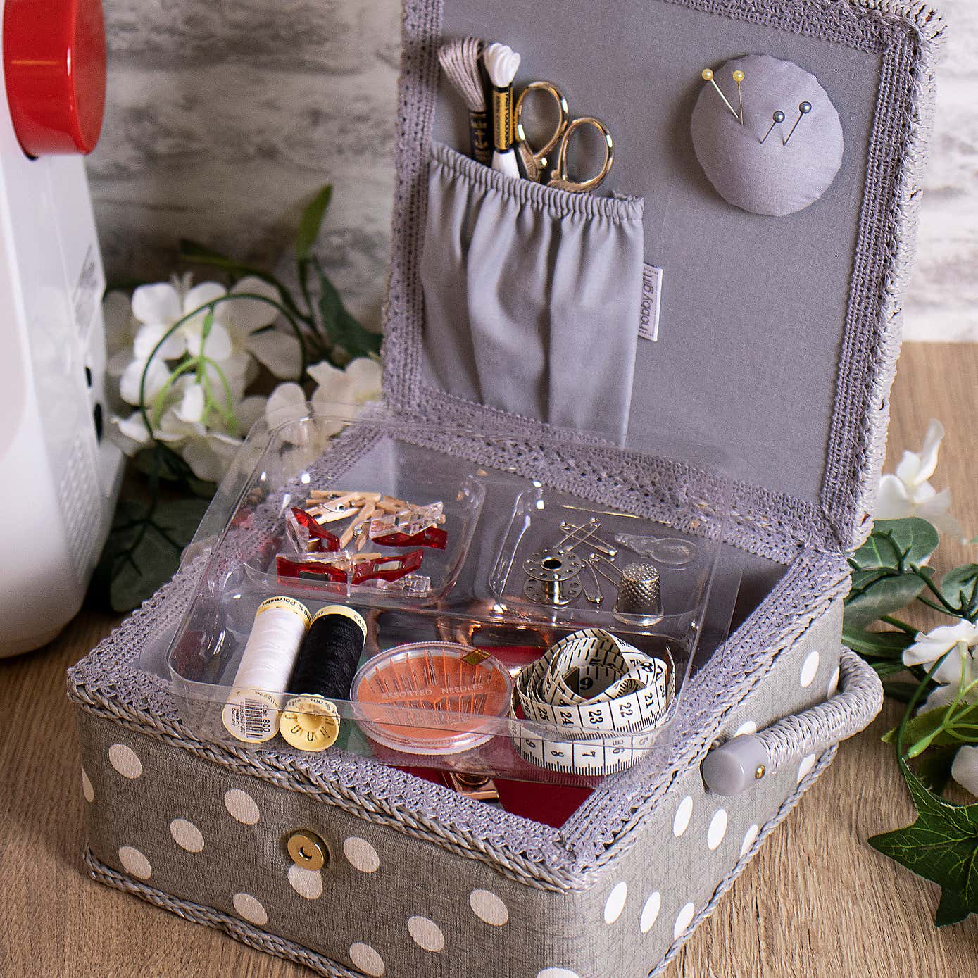 Grey Polka Dot Small Sewing Box
