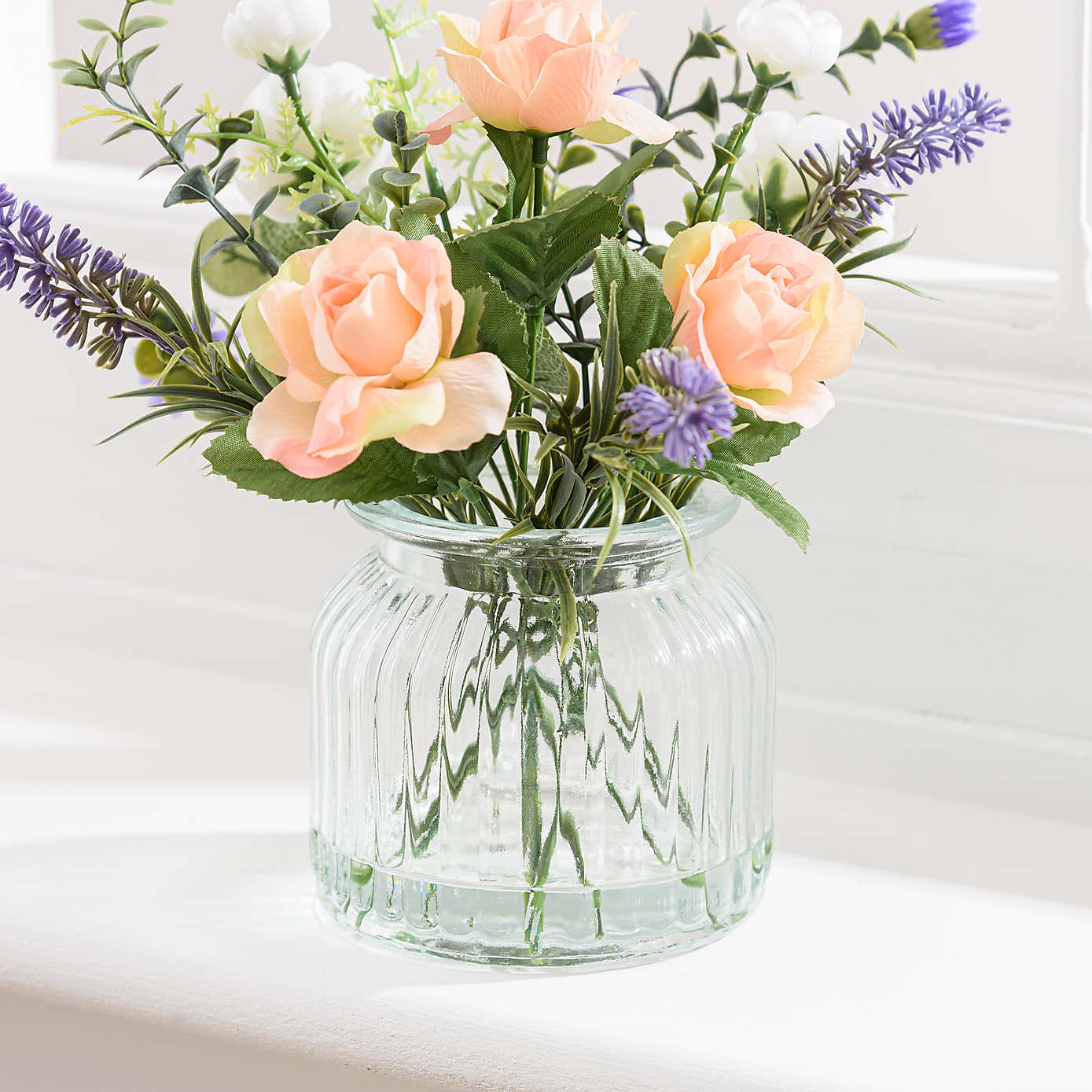 Artificial Rose and Lavender Bouquet in Glass Vase
