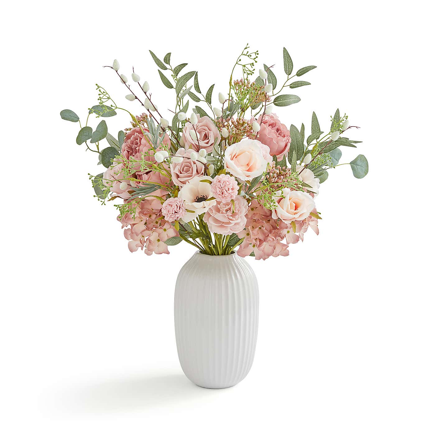 Artificial Pink Florals & Foliage Bouquet in Ribbed Ceramic Vase