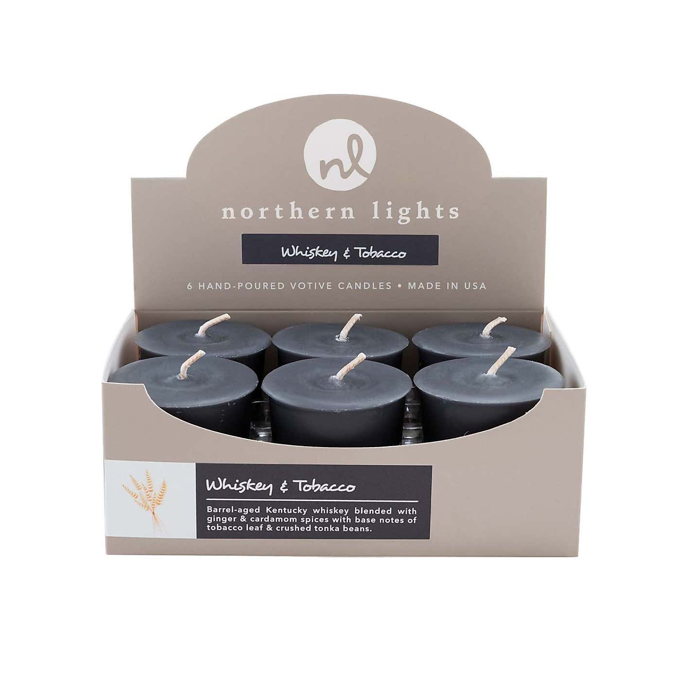 Northern Lights Whiskey and Tabacco Pack of 6 Votive Candles