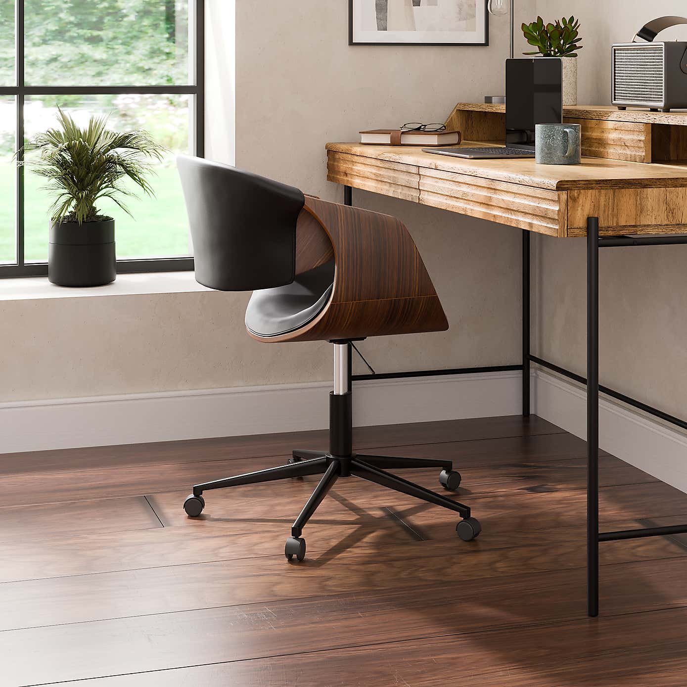 Modena Walnut Effect Office Chair, Black Faux Leather