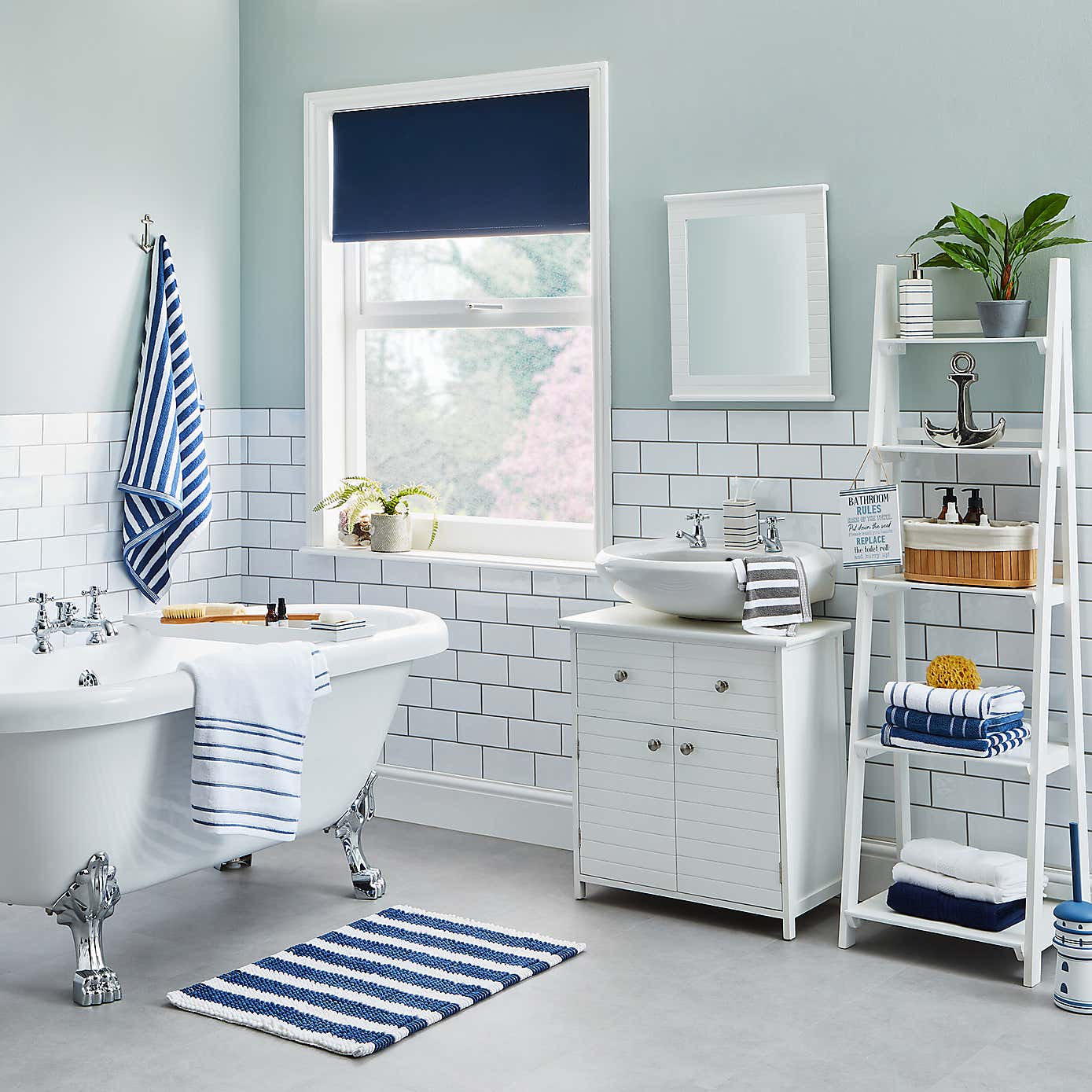 Nautical Bobble Stripe Navy Bath Mat