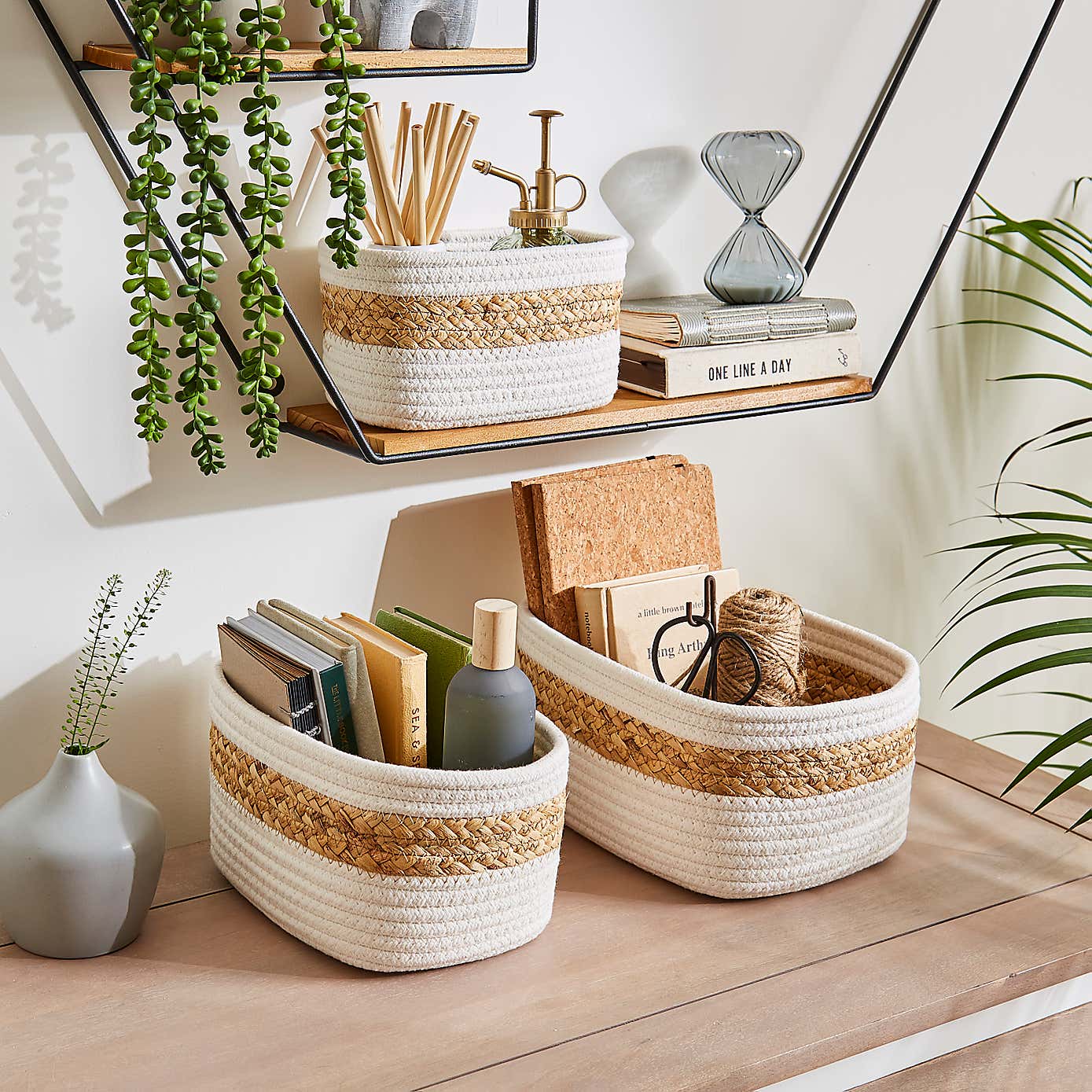 Set of 3 Mixed Material Storage Baskets