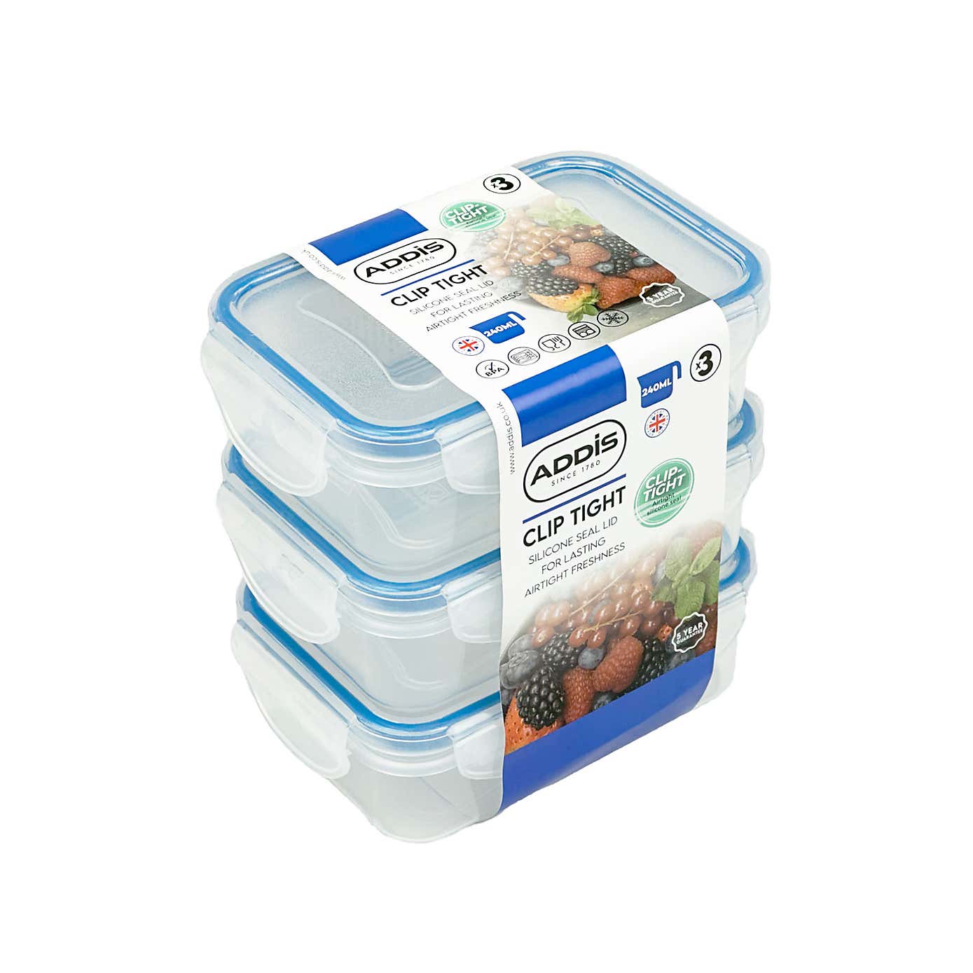 ADDIS Set of 3 Rectangular 0.24L Clip Tight Storage Containers