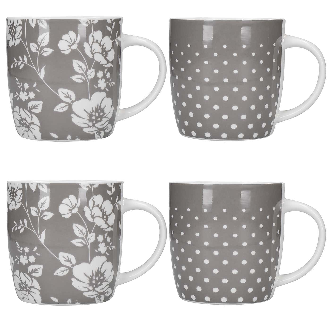 Kitchencraft Set of 4 Floral Polka Dot Grey Stoneware Mugs
