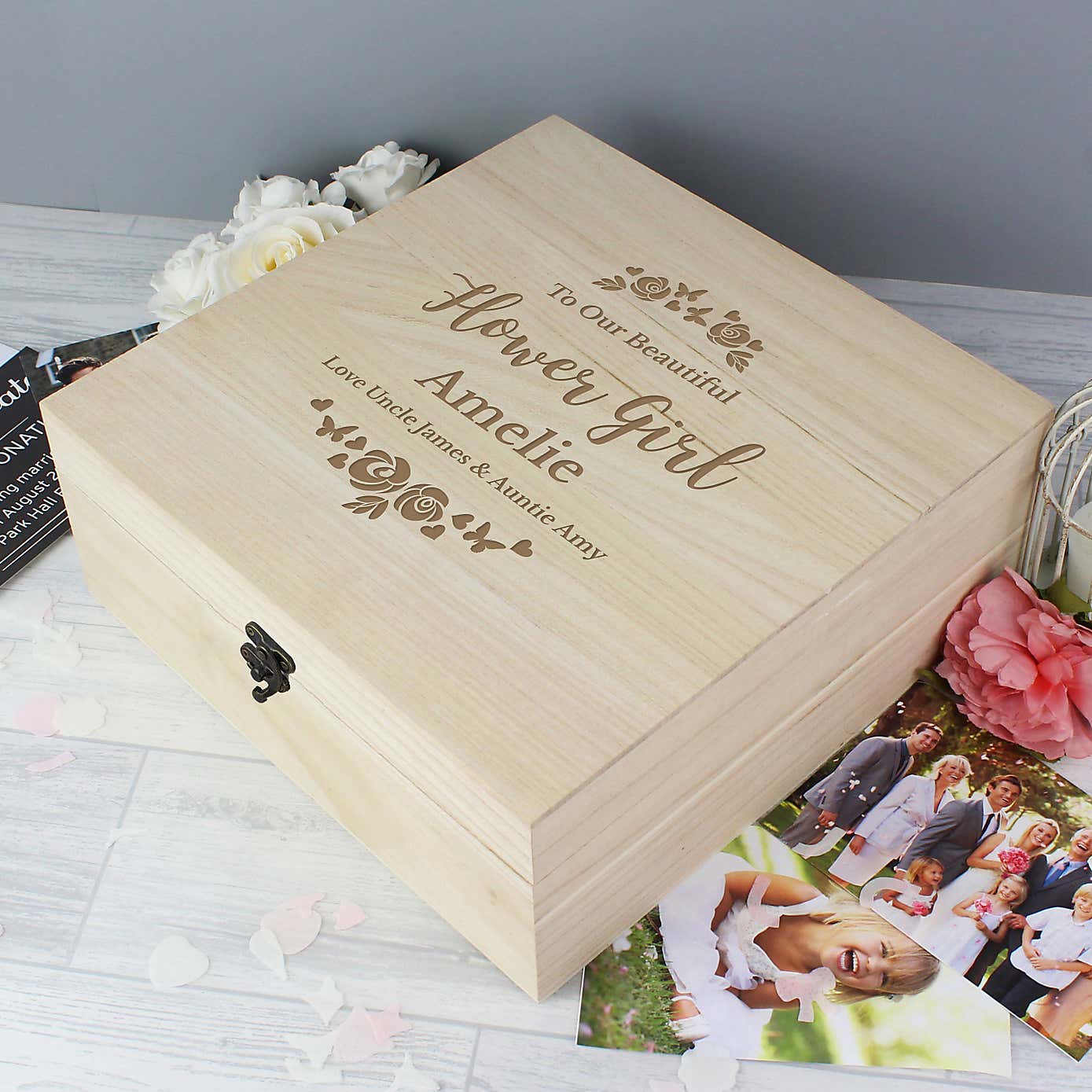 Personalised Any Role Floral Watercolour Wedding Large Wooden Keepsake Box