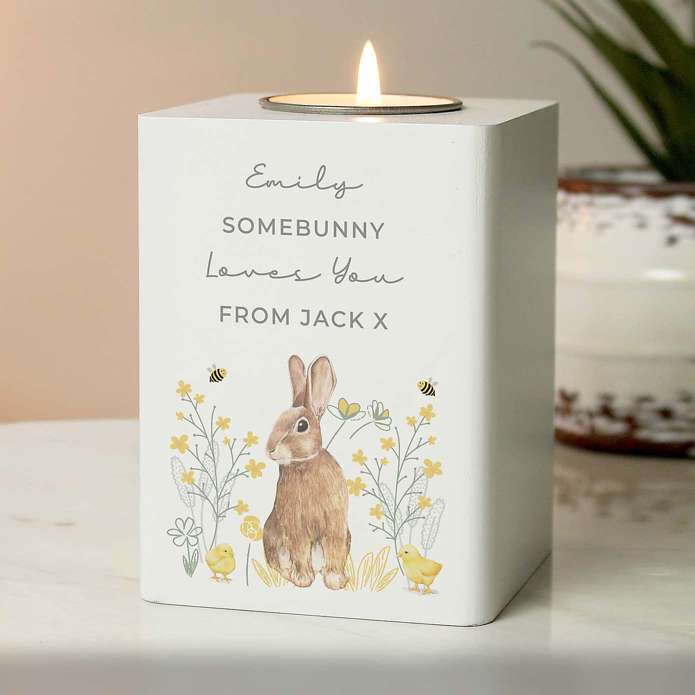 Personalised Spring Bunny Wooden Tealight Holder