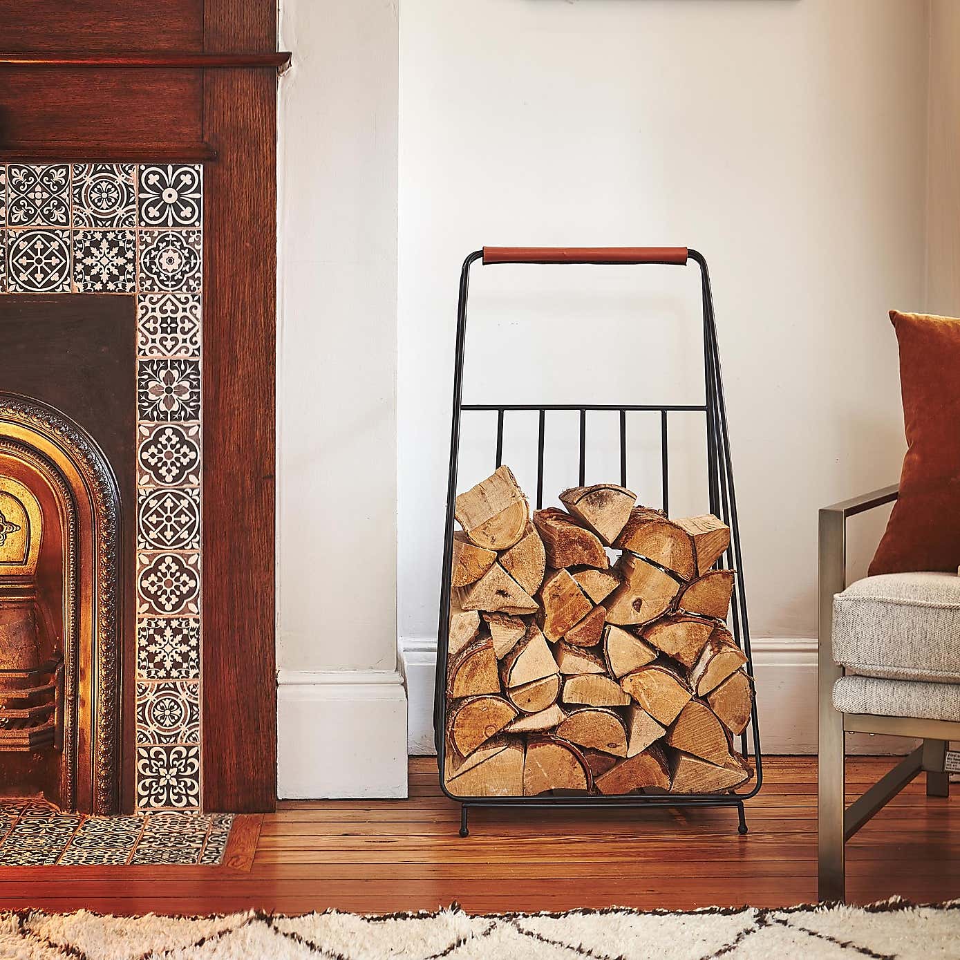 Contemporary Leather Handle Log Trolley