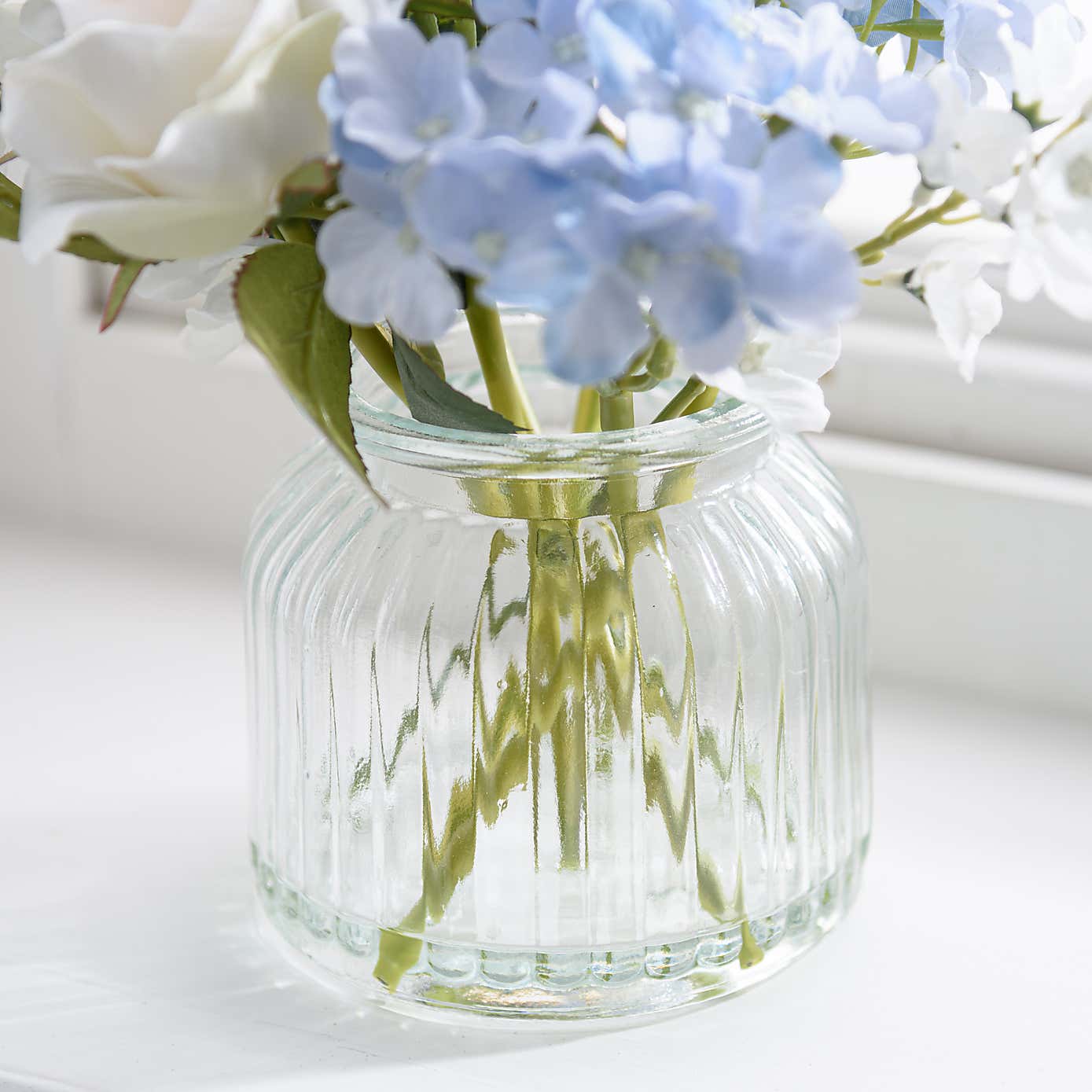 Artificial Hydrangea and Rose Bouquet in Ribbed Glass Vase