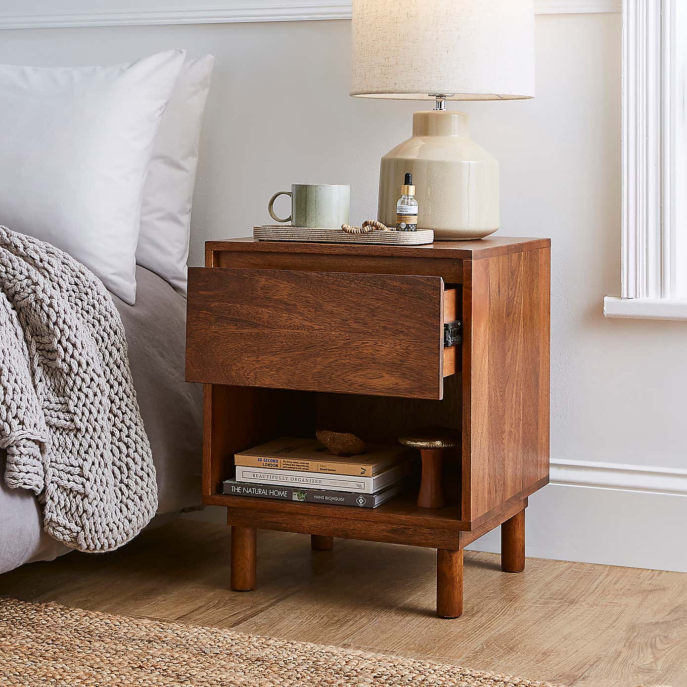 Brannock 1 Drawer Bedside Table, Mid Stained Mango Wood