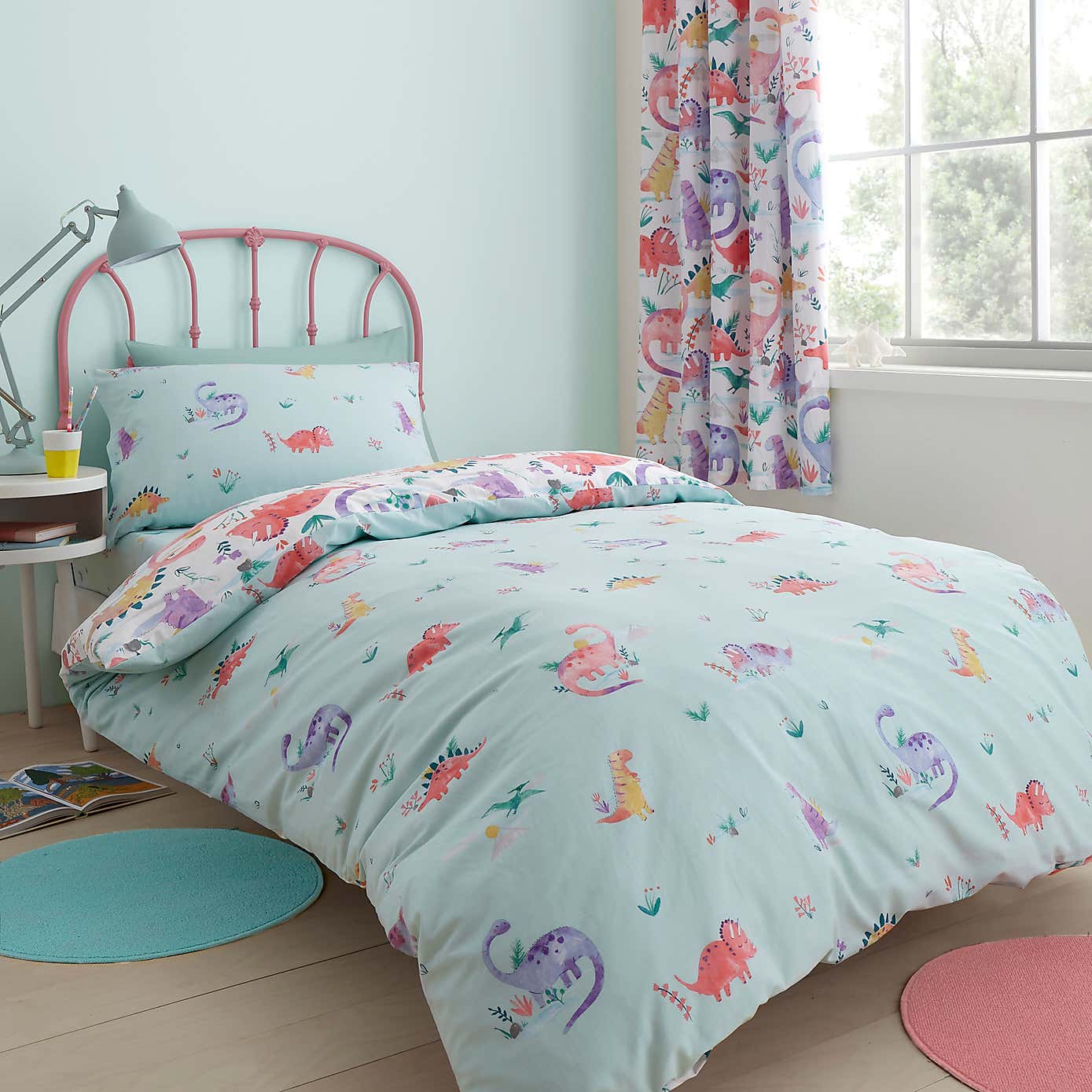 Dinosaur Pink Reversible Duvet Cover and Pillowcase Set