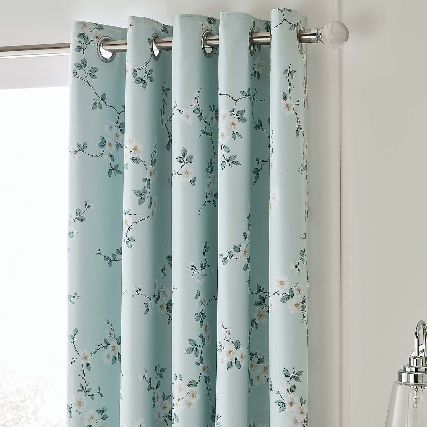 Edith Duck Egg Floral Blackout Eyelet Curtains