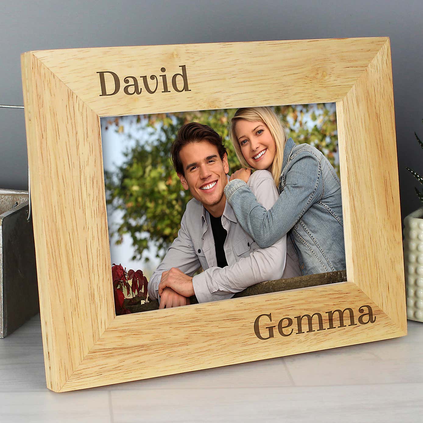 Personalised Couples Light Wood Landscape Photo Frame