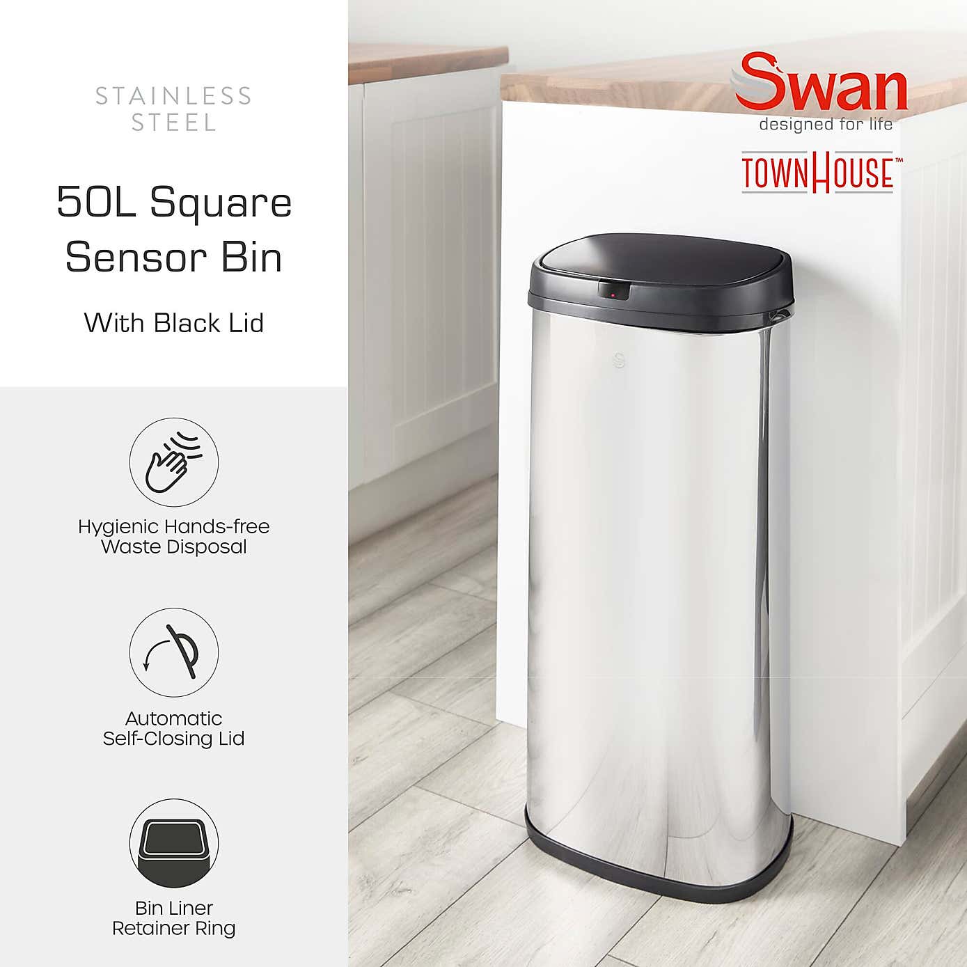 Swan 50L Square Sensor Bin