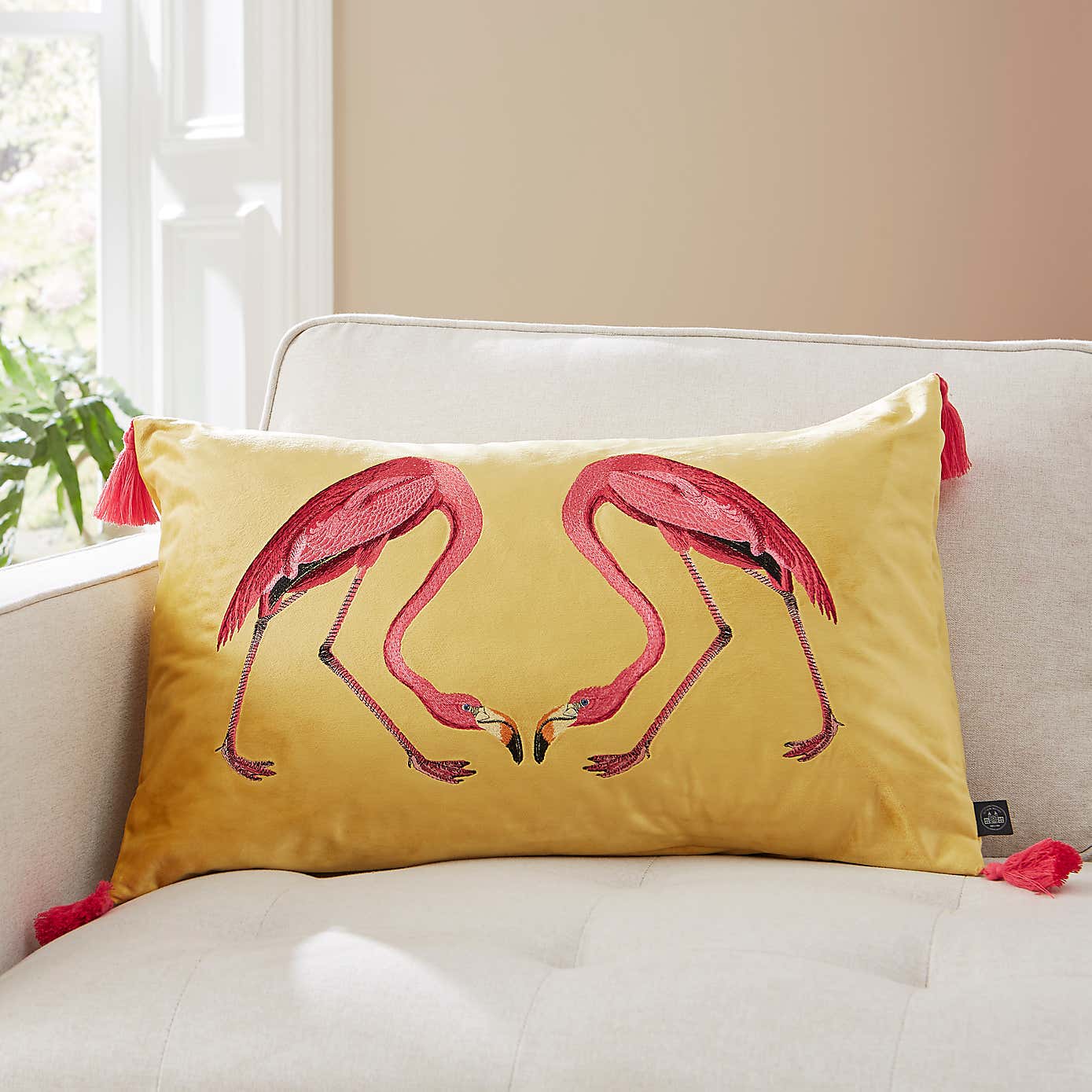 Flamingo Embroidery Cushion Chartreuse