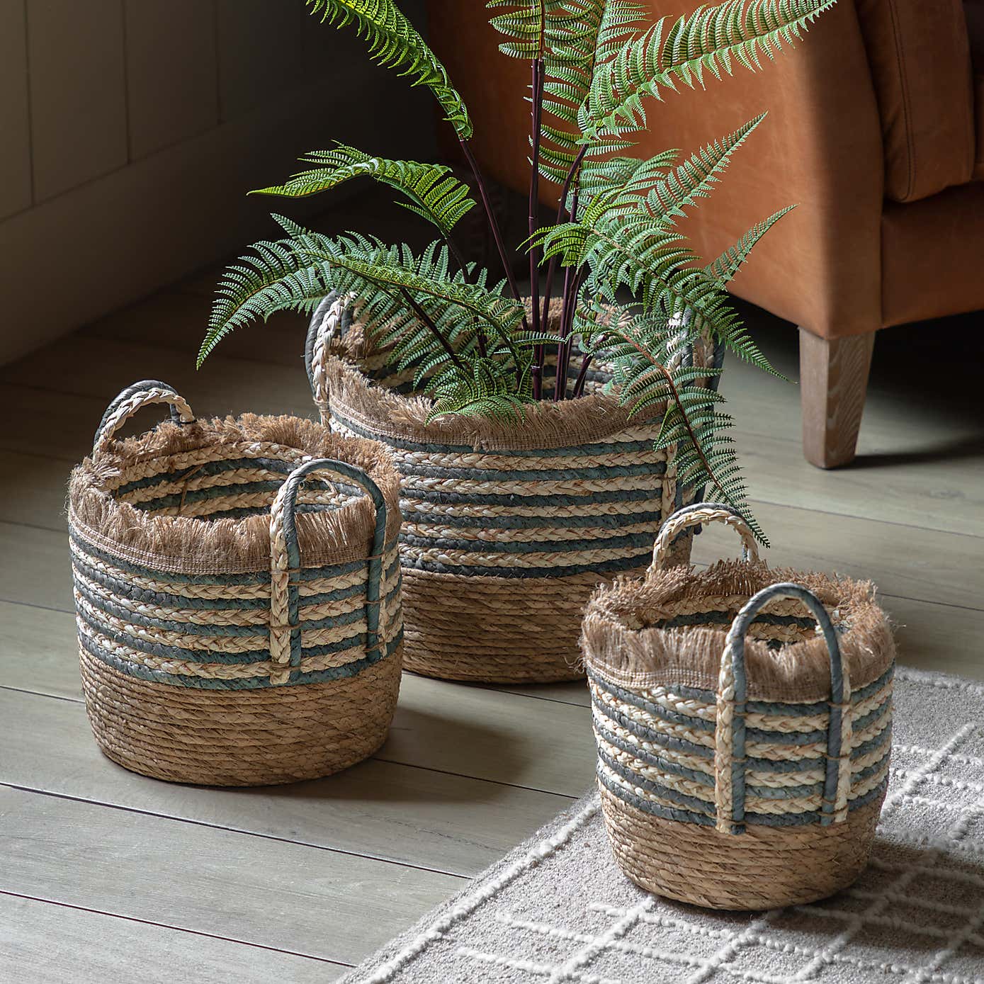 Set of 3 Fringed Woven Stripe Storage Baskets