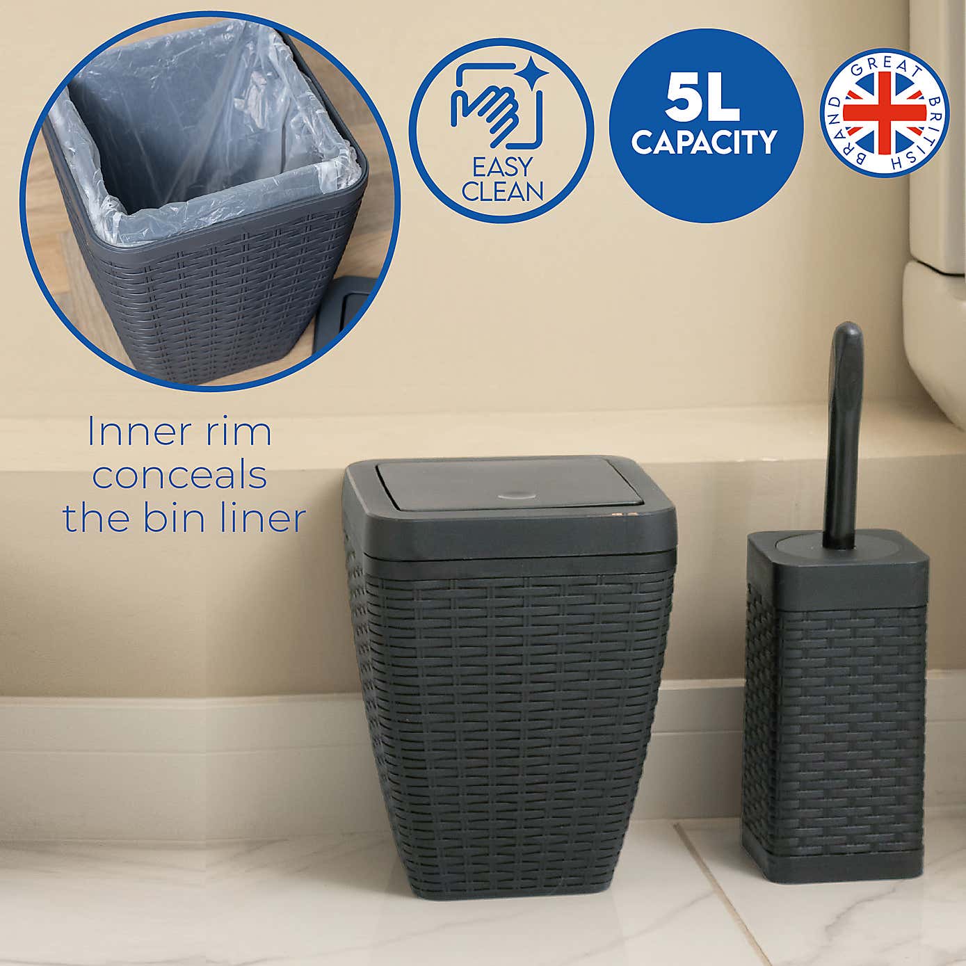 Addis Rattan Charcoal Toilet Brush & Bin Set