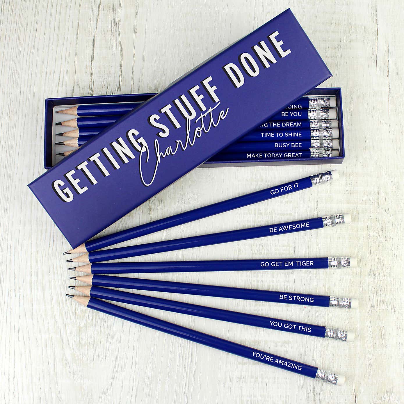 Personalised Getting Stuff Done Box and 12 Blue HB pencils